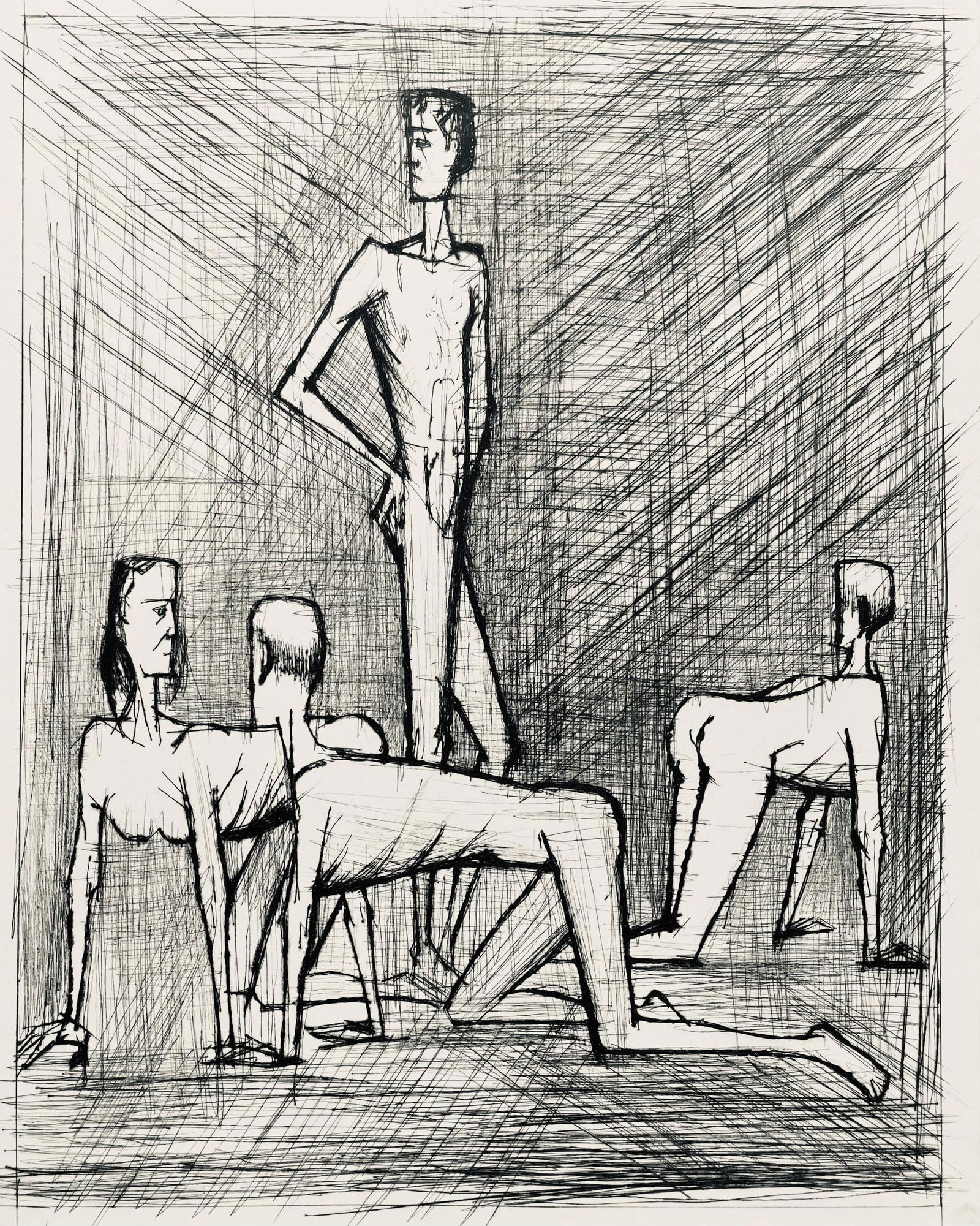 Bernard Buffet, Composition (Reinz 208-222), Voyages Fantastiques, Limited Edition Etching: Drypoint etching on papier de Rives B.F.K. pur fil paper. Paper size: 16.125 x 12.875 inches. Excellent condition. Unsigned and unnumbered, as issued. Notes: From the folio, Voyages fantastiques aux E