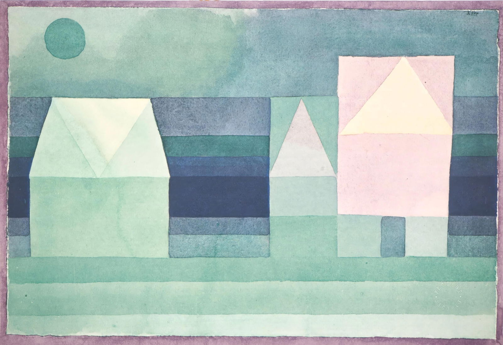 Paul Klee, Drei Hauser Grun violette Stafung, 12 aquarelles, Limited Edition Lithograph and Pochoir,: Lithograph and pochoir on velin de Rives paper. Signed in the plate and unnumbered, as issued. Paper Size: 19.69 x 14.96 inches. Condition: Very good/excellent, consistent with age. Notes: From the fo