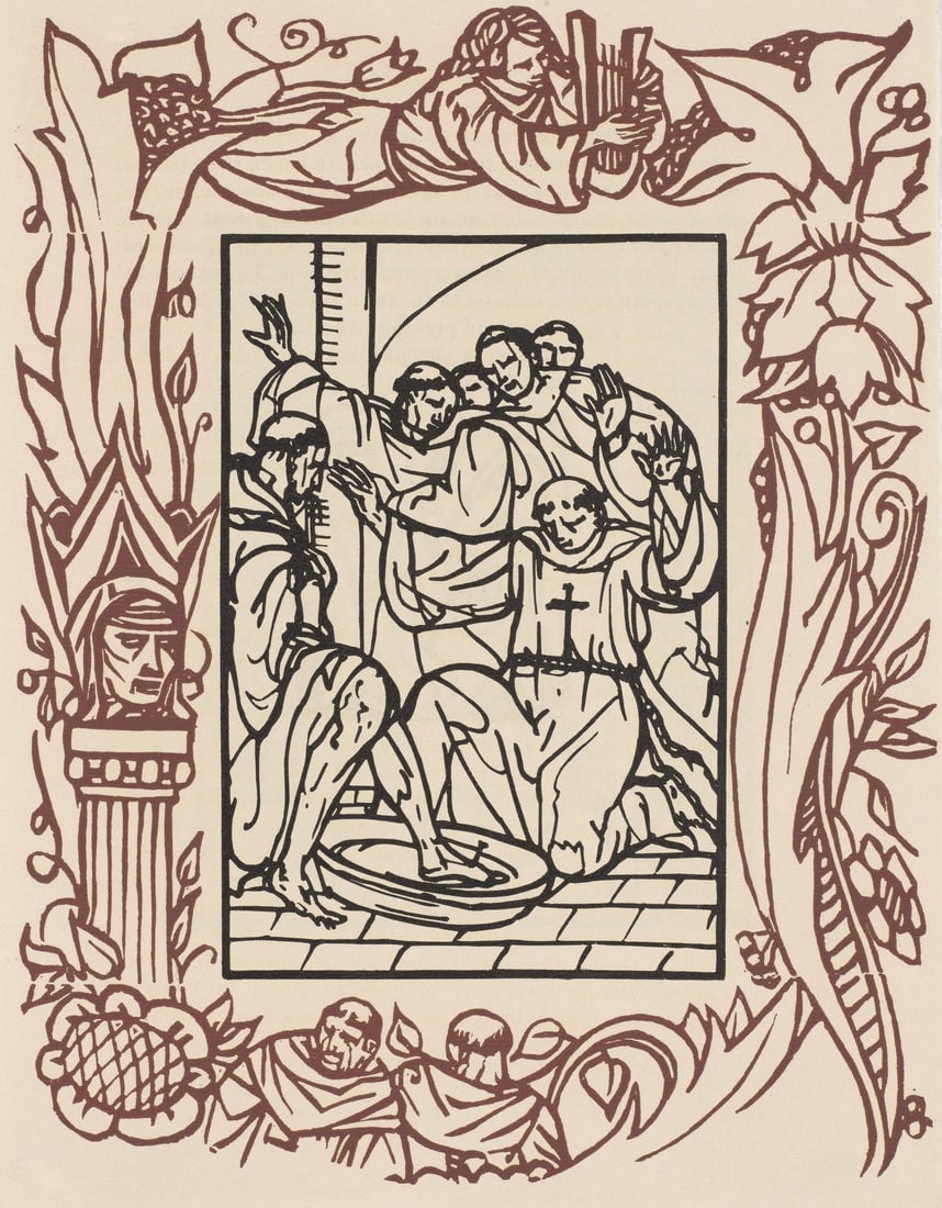 Emile Bernard, Composition (Morane, No. 100), Les Petites Fleurs de St. Francoise, Limited Edition: Wood engraving on verge d'Arches paper. Paper size: 12.8125 x 9.8125 inches. Excellent condition. Unsigned and unnumbered, as issued. Notes: From the volume, Les Petites Fleurs de St. Francois, 1928.