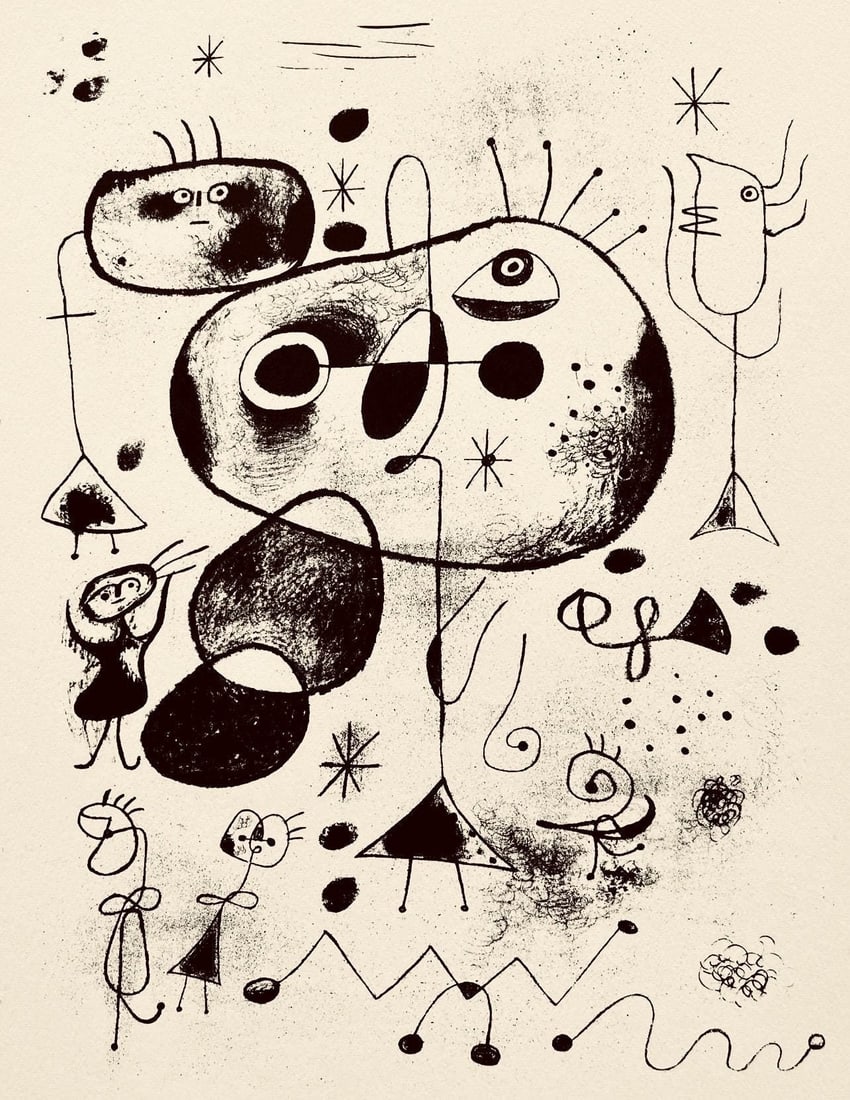 Joan Miro, Composition, The Prints of Joan Miro, Limited Edition Etching: Etching on velin paper. Inscription: Unsigned and unnumbered, as issued. Paper Size: 11 x 8.5 inches. Excellent condition. Notes: From the folio, The Prints of Joan Miro, Fall, 1947. Published by Curt