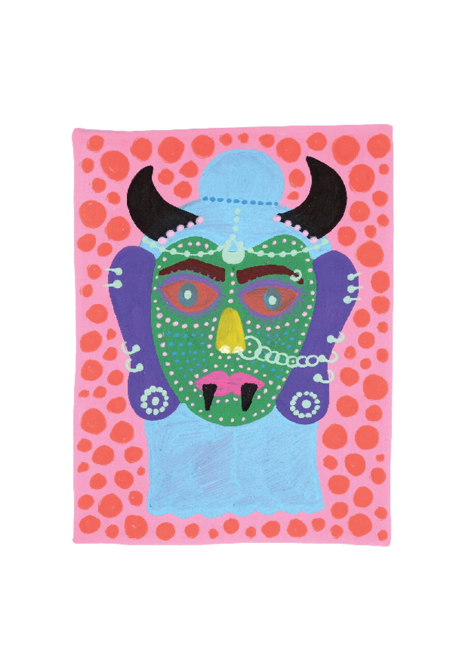 Evil Eye Mask 26: Inspired by the South Indian Drishti Bommai mask; a protective talisman traditionally represented as a doll; this artwork draws from a visual language widely seen across South India. These figures are