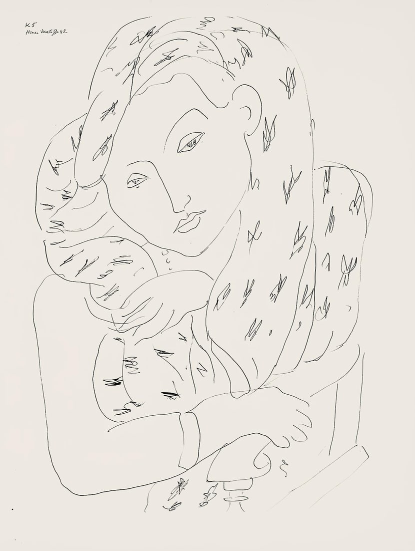 Henri Matisse, Serie K, var. 5 (Duthuit 9), Henri Matisse, Dessins, Themes et variations, Limited: Lithograph on velin pur fil paper. Paper Size: 12.875 x 9.625 inches. Excellent condition. Inscription: Signed in the plate and unnumbered, as issued. Notes: From the folio, Henri Matisse, Dessins, Th