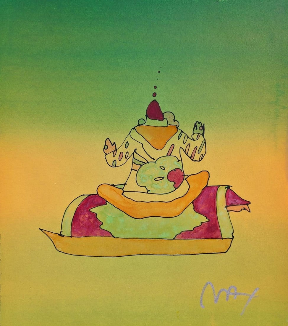 Peter Max, Magic Carpet Ride, Hand Signed, Mixed Media Watercolor and Silkscreen Painting: Watercolor and silkscreen on Fabriano velin paper. Paper size: 13.75 x 12 inches. Inscription: Hand signed in ink, as issued. Condition: Excellent. Notes: Published, printed, and painted by Peter