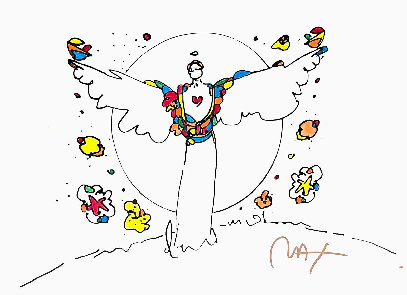 Peter Max, Angel with Spread Wings, Hand Signed, Mixed Media Watercolor and Silkscreen Painting: Watercolor and silkscreen on Fabriano velin paper. Paper size: 11 x 15 inches. Inscription: Hand signed in ink, as issued. Condition: Excellent. Notes: Published, printed, and painted by Peter Max,