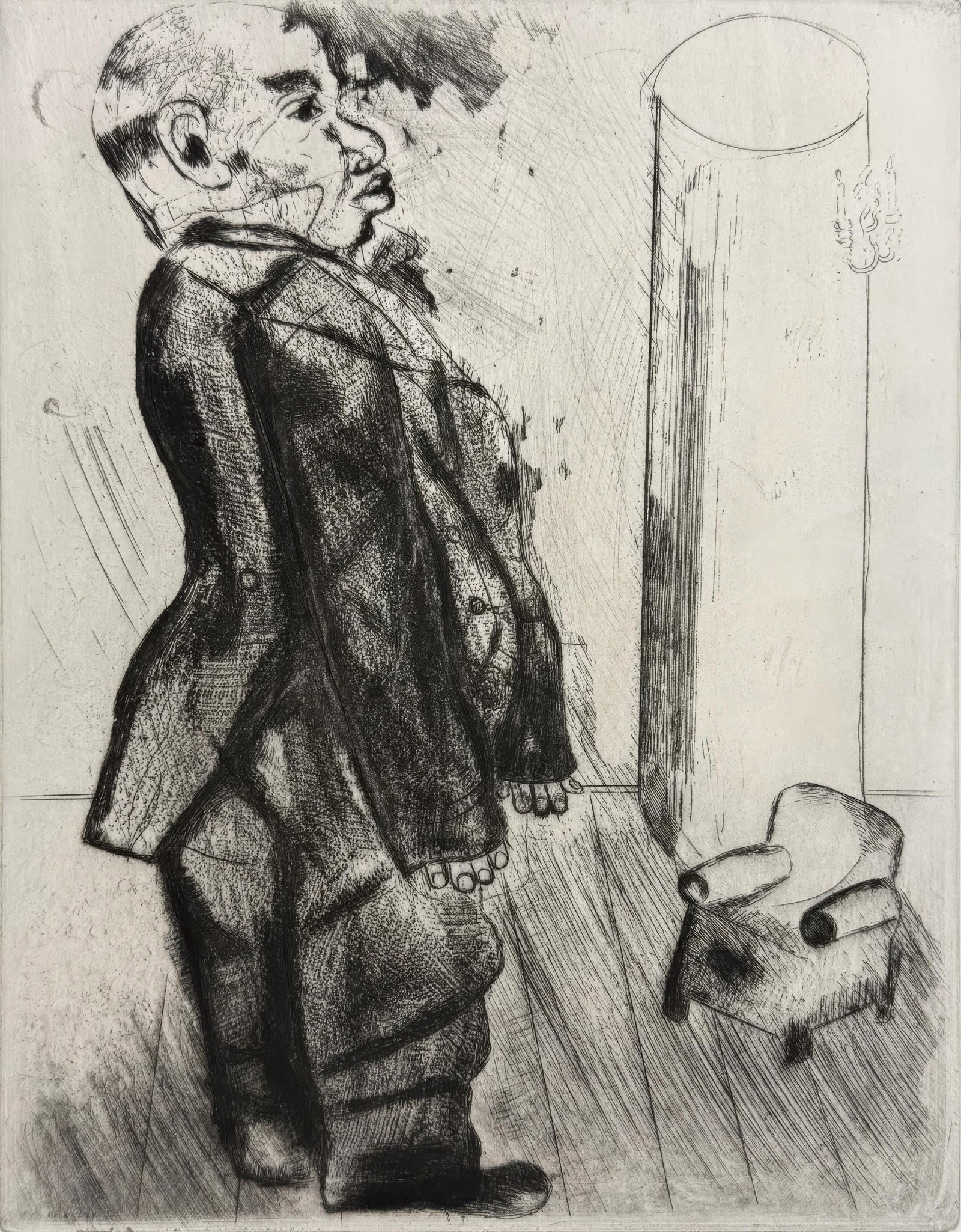 Marc Chagall, Sobakevitch Near the Armchair, from Dead Souls, Limited Edition Etching, 1923-1927: This exquisite etching by Marc Chagall (1887-1985), titled Sobakevitch pres du fauteuil (Sobakevitch Near the Armchair), originates from the celebrated folio Nicolas Gogol, Les Ames mortes,