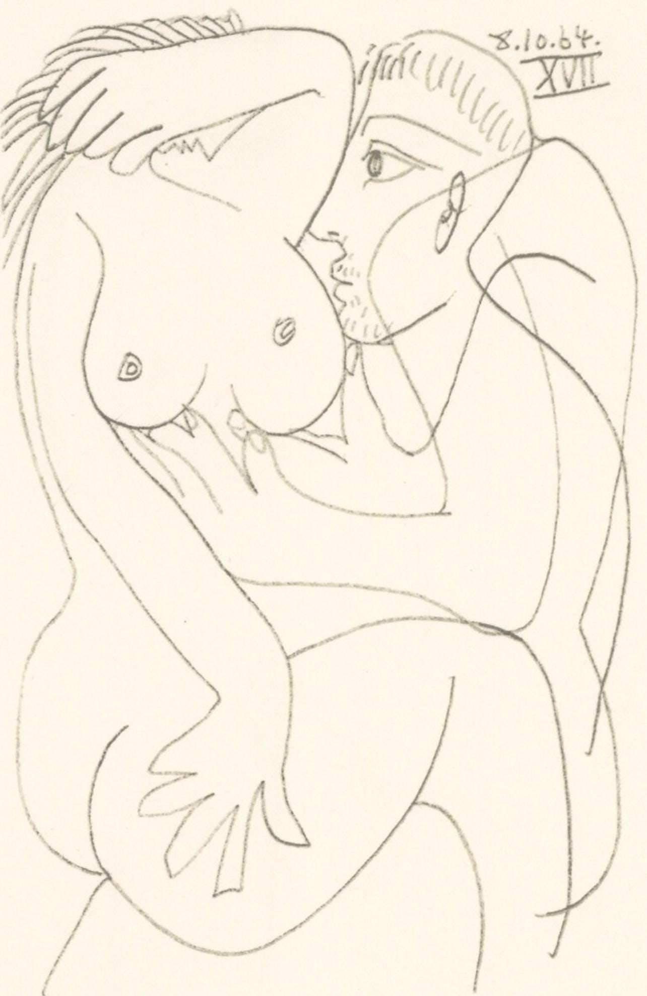 Pablo Picasso, 8.10.64. XVII (Cramer 148), Le Gout du Bonheur, Limited Edition Mixed Media: Lithograph and silkscreen with grease crayon, lithographic tusche, lead pencil, charcoal on velin d'Arches paper. Paper size: 12.8 x 9.84 inches. Inscription: Unsigned and unnumbered, as issued. Catal