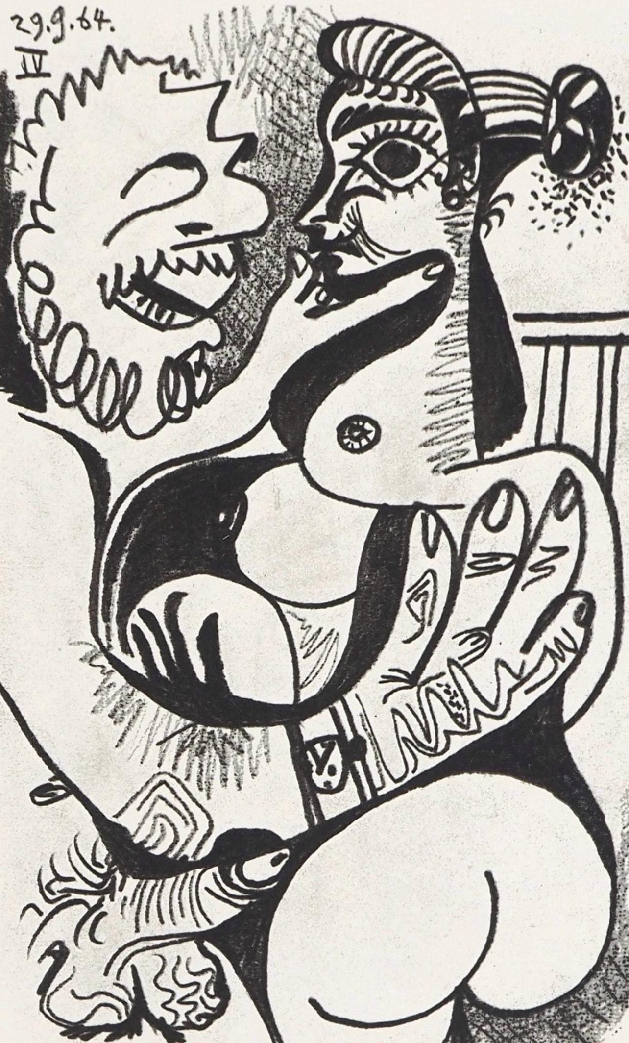 Pablo Picasso, 29.9.64. IV (Cramer 148), Le Gout du Bonheur, Limited Edition Mixed Media Lithograph: Lithograph and silkscreen with grease crayon, lithographic tusche, lead pencil, charcoal on velin d'Arches paper. Paper size: 12.8 x 9.84 inches. Inscription: Unsigned and unnumbered, as issued.