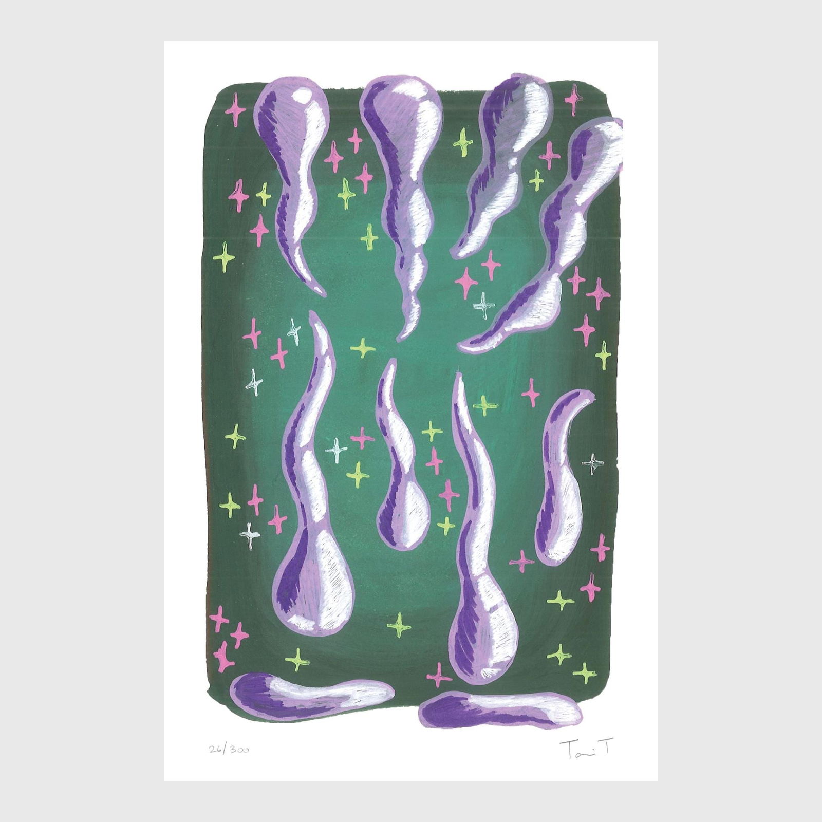 Purple shapes on Green: Artist: Tanvi Thakur (1996) Title: Purple Shapes on Green, Drops With Dots Series Year: 2025 Medium: Archival Pigment Print on Paper Edition: 300 Size: 8 x 12 inches Inscription: Signed and numbered b