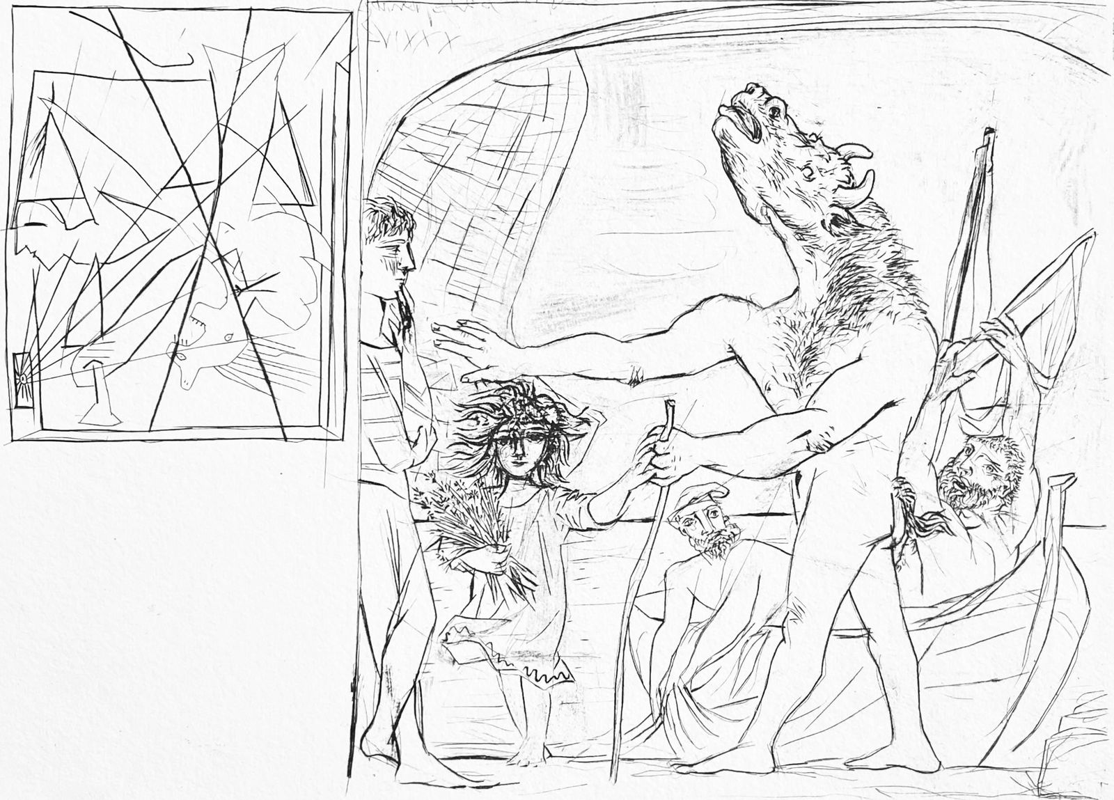 Pablo Picasso, Minotaure aveugle guide par une Petite Fille aux Fleurs, Suite Vollard, Fac-simile: Lithograph on velin blanc narcisse, verge canton, 200 g/m2 Richard de Bas paper. Paper size: 12.75 x 18 inches. Inscription: Fac-simile signed and hand numbered, as issued. Condition: Excellent. Notes