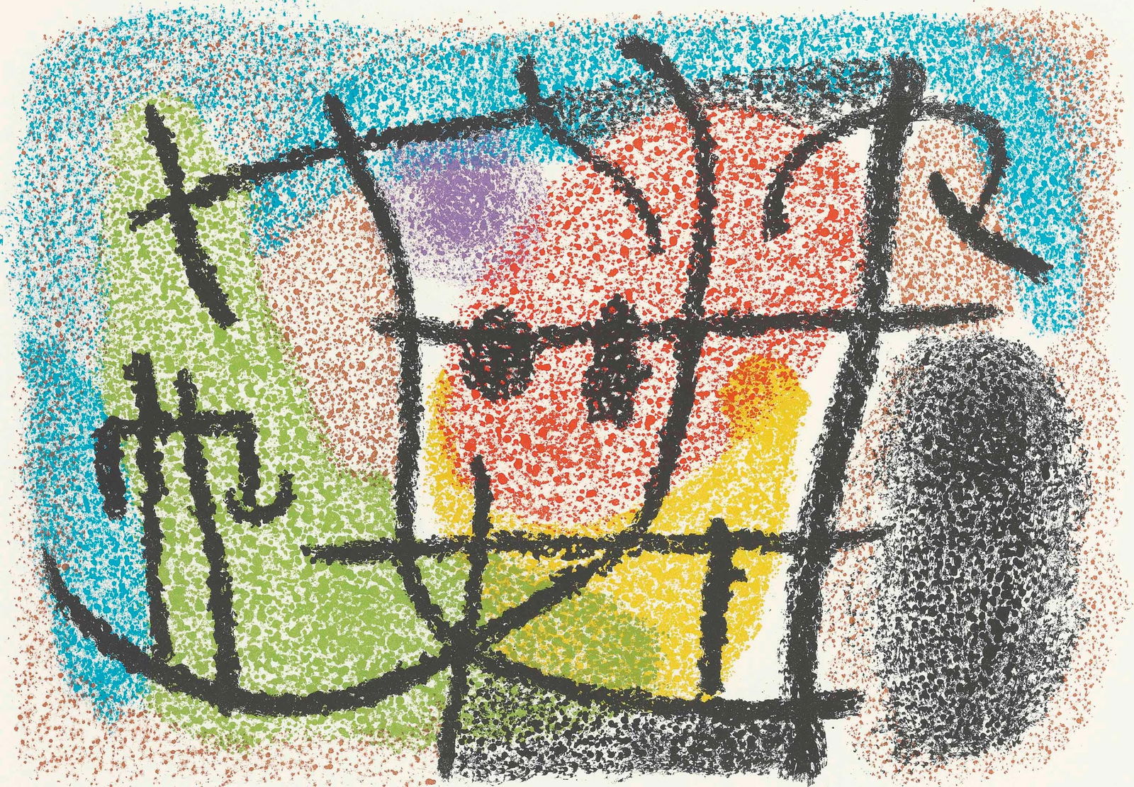 Joan Miro, Composition (Cramer 103; Mourlot 382-383), Miro Cartones 1956-1965, Limited Edition: Lithograph and stencil on velin paper. Paper size: 8.625 x 12.25 inches. Excellent condition. Inscription: Unsigned and unnumbered, as issued. Notes: From the album, Miro: Cartones, 1959-1965, October