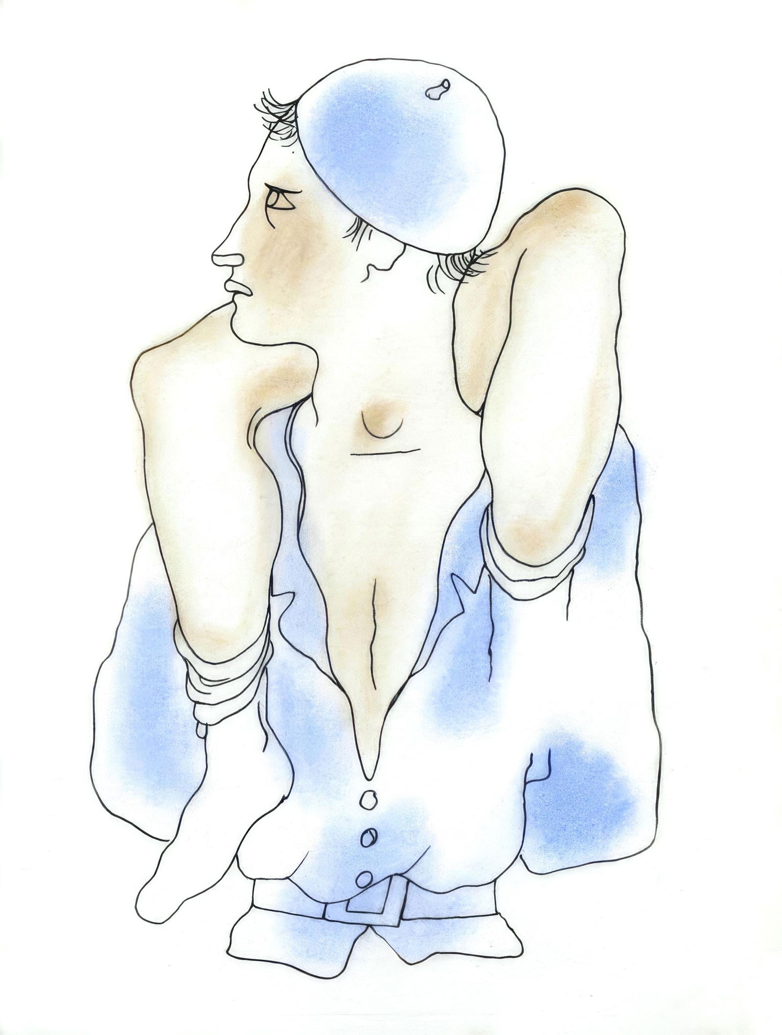 Jean Cocteau, Untitled, from The White Book, Limited Edition Lithograph and Pochoir, 1930: Jean Cocteau (1889-1963); Sans titre (Untitled), 1930. Lithograph and pochoir with hand coloring on velin d'Arches paper. Paper size 11.81 x 9.06 inches. Unsigned and unnumbered, as issued. Printed by