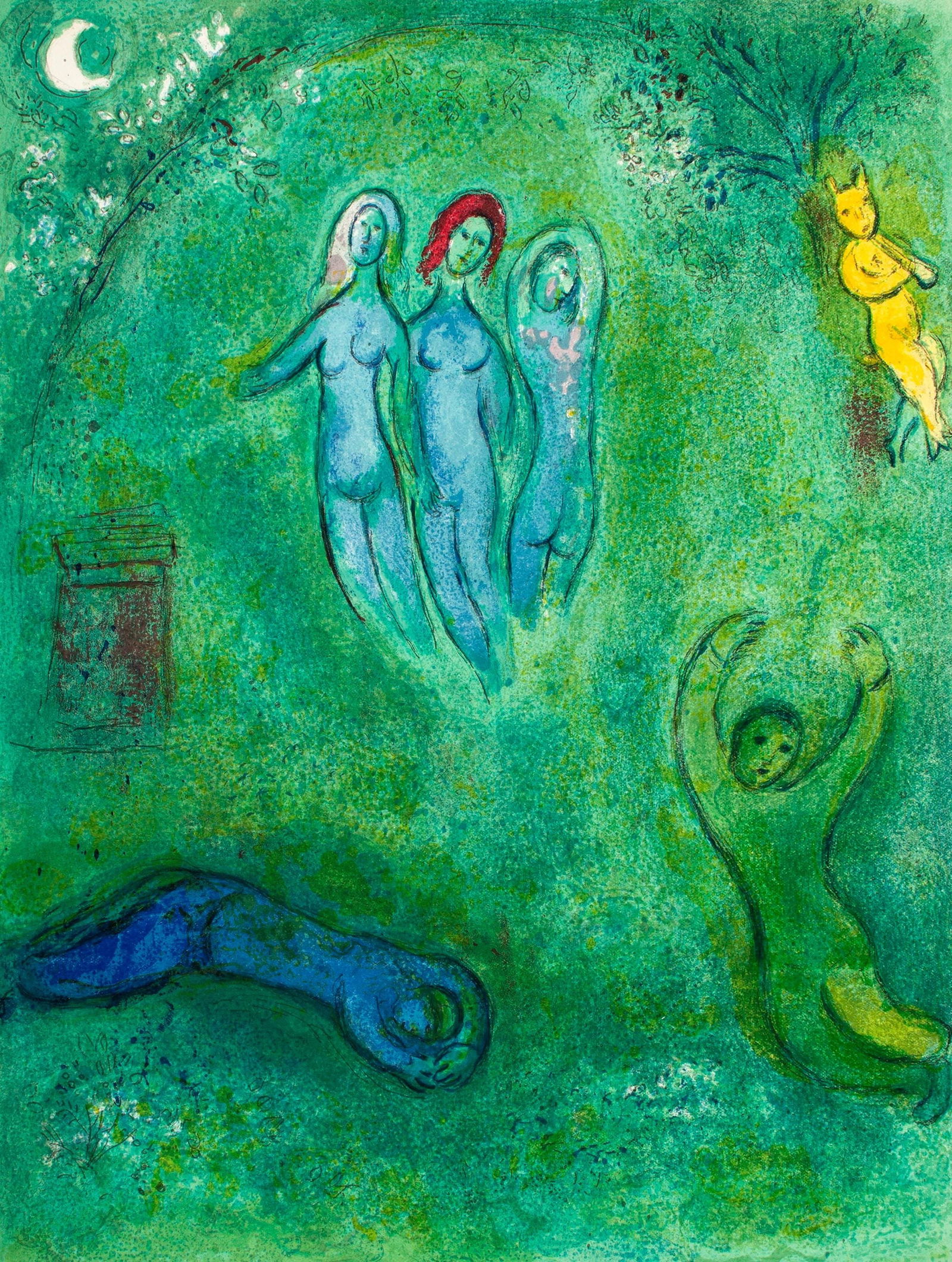 Marc Chagall, Le songe de Daphnis et les nymphes, Daphnis et Chloe, Limited Edition Heliogravure: Heliogravure on velin paper. Paper Size: 12.5 x 9.5 inches. Inscription: Unsigned and unnumbered, as issued. Condition: Very good/excellent, consistent with age. Notes: From the album, Daphnis and Chl