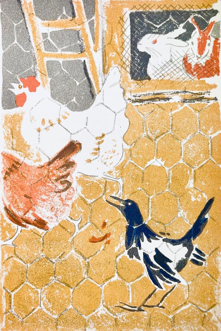 Maurice Mourlot, Composition, de Goupil a Margot, Histoires De Betes, Limited Edition Lithograph: Lithograph in colors on Grand Velin Blanc paper. Unsigned and unnumbered, as issued. Paper size: 9.055 x 6.69 inches. Excellent condition. Notes: From the volume, de Goupil a Margot, Histoires De Bete