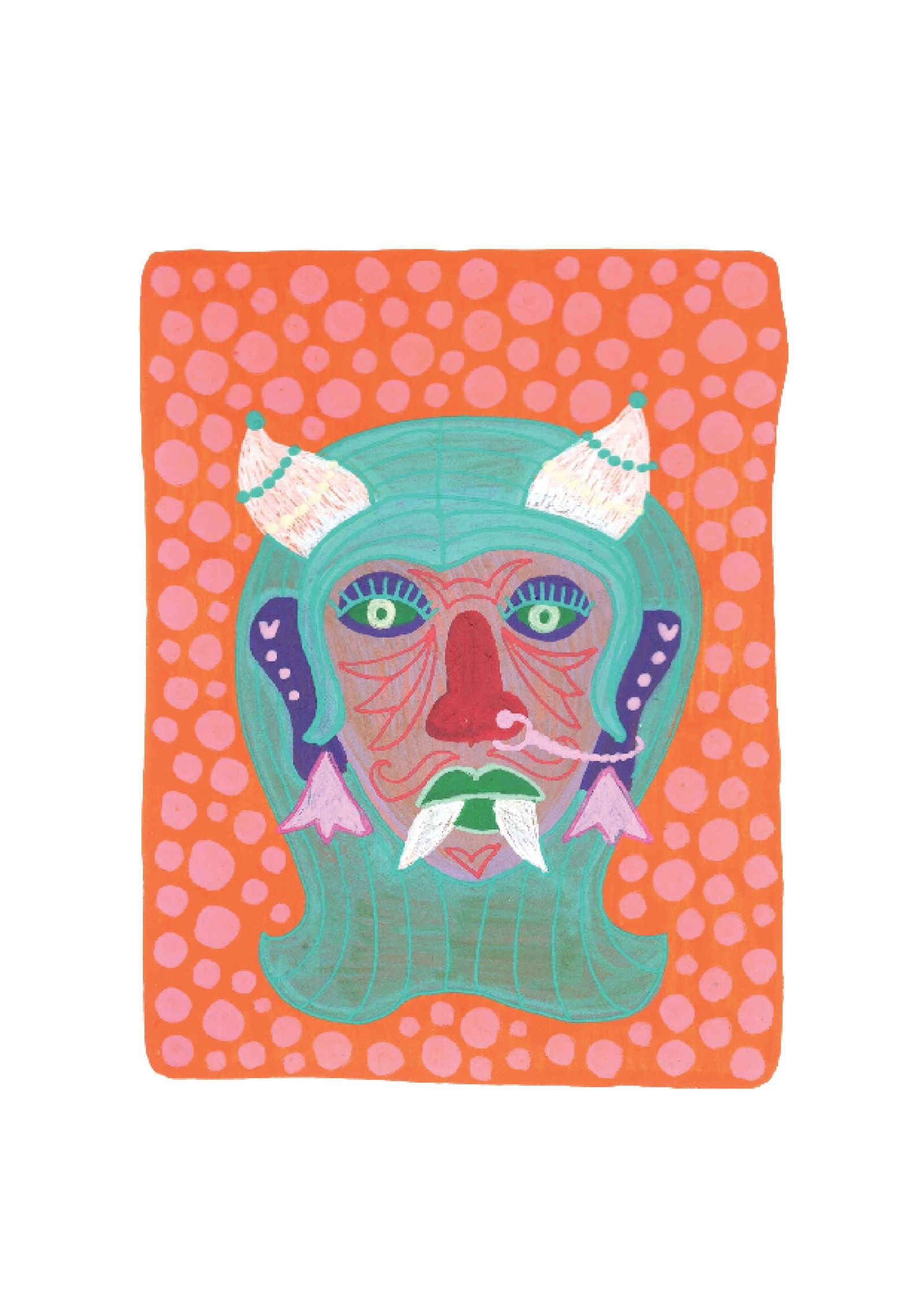 Evil Eye Mask 2: Inspired by the South Indian Drishti Bommai mask; a protective talisman traditionally represented as a doll; this artwork draws from a visual language widely seen across South India. These figures are