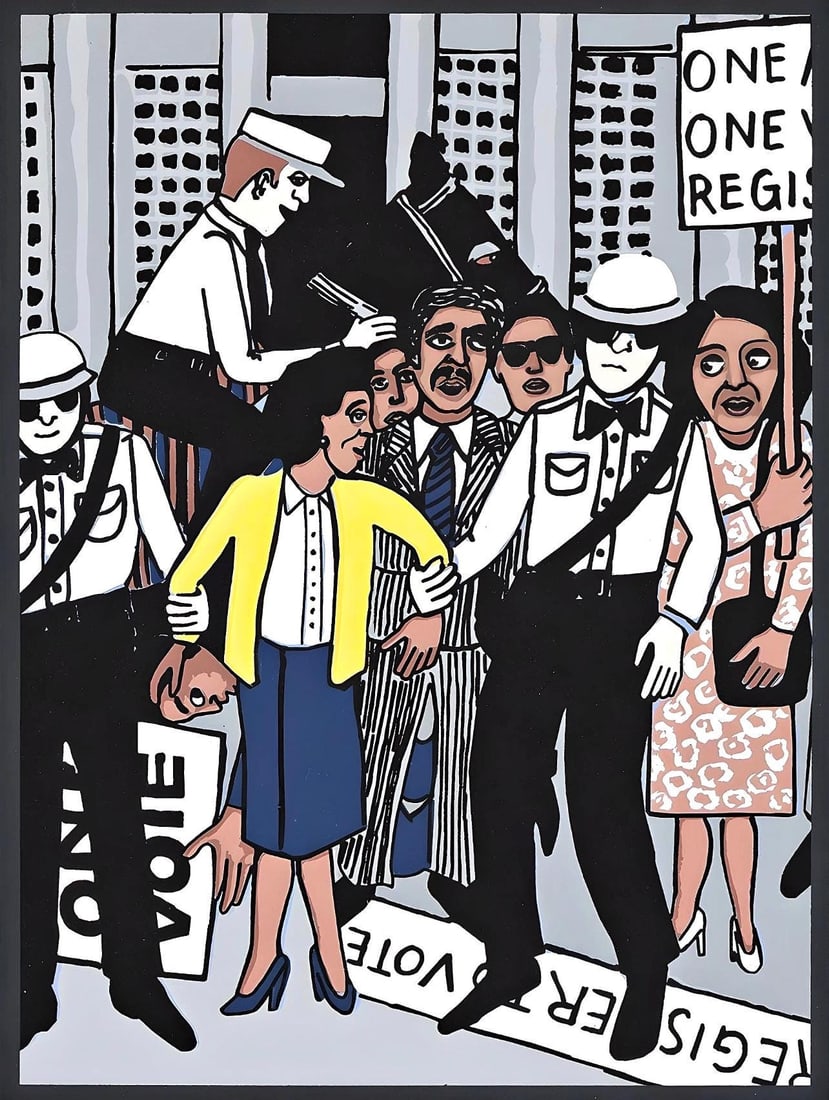 Faith Ringgold, The Right to Vote, Letter from Birmingham City Jail, Limited Edition Silkscreen: Silkscreen on velin d'Arches paper. Paper Size: 17.75 x 13.75 inches. Excellent condition. Inscription: Unsigned and unnumbered, as issued. Notes: From the folio, Letter from Birmingham City Jail,