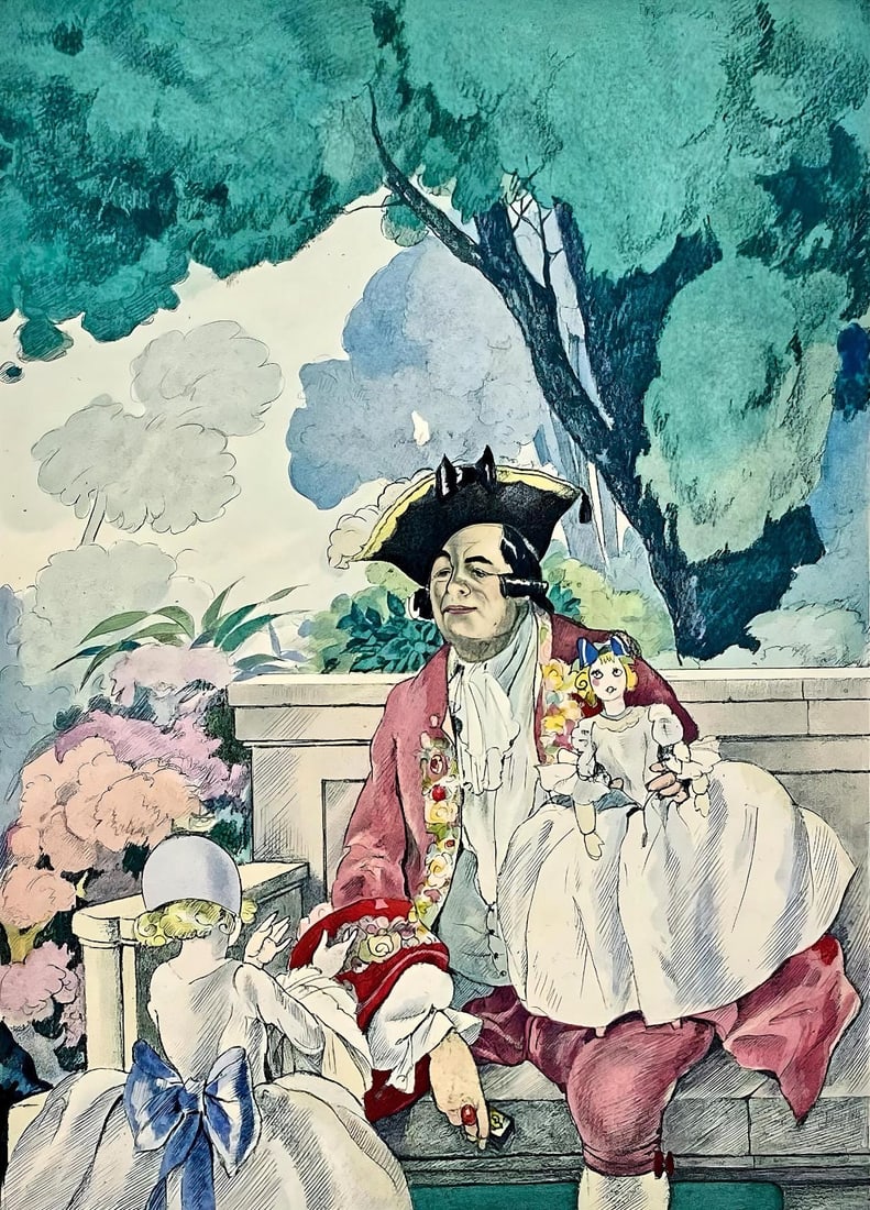 Umberto Brunelleschi, Composition, La Lecon d'amour dans un parc, Limited Edition Lithograph: Lithograph and stencil on velin d'Arches paper. Paper size: 13.11 x 10.039 inches. Excellent condition. Unsigned and unnumbered, as issued. Notes: From the volume, La Lecon d'amour dans un parc, 1933.