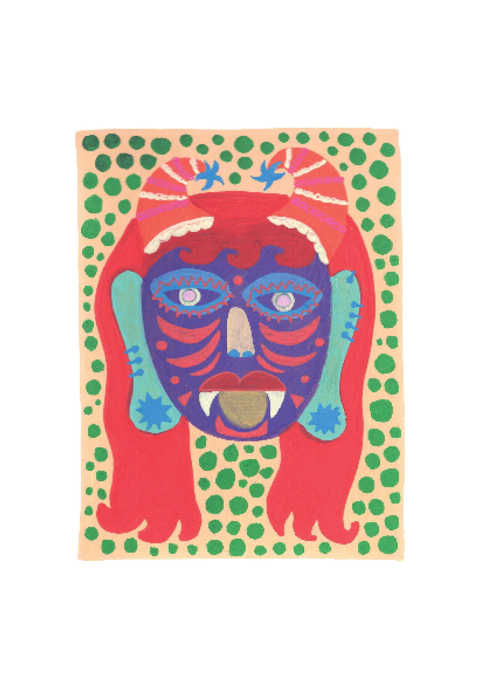 Evil Eye Mask 15: Inspired by the South Indian Drishti Bommai mask; a protective talisman traditionally represented as a doll; this artwork draws from a visual language widely seen across South India. These figures are