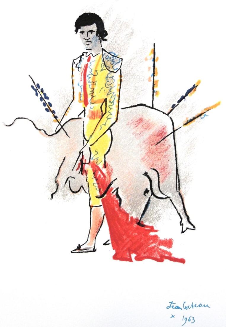 Jean Cocteau, Banderilles de feu, Taureaux, Lithographies de Jean Cocteau, Limited Edition: Lithograph on velin de Rives paper. Paper Size: 15 x 11 inches. Inscription: Signed in the plate and unnumbered, as issued. Condition: Very good/excellent, consistent with age. Notes: From the folio,