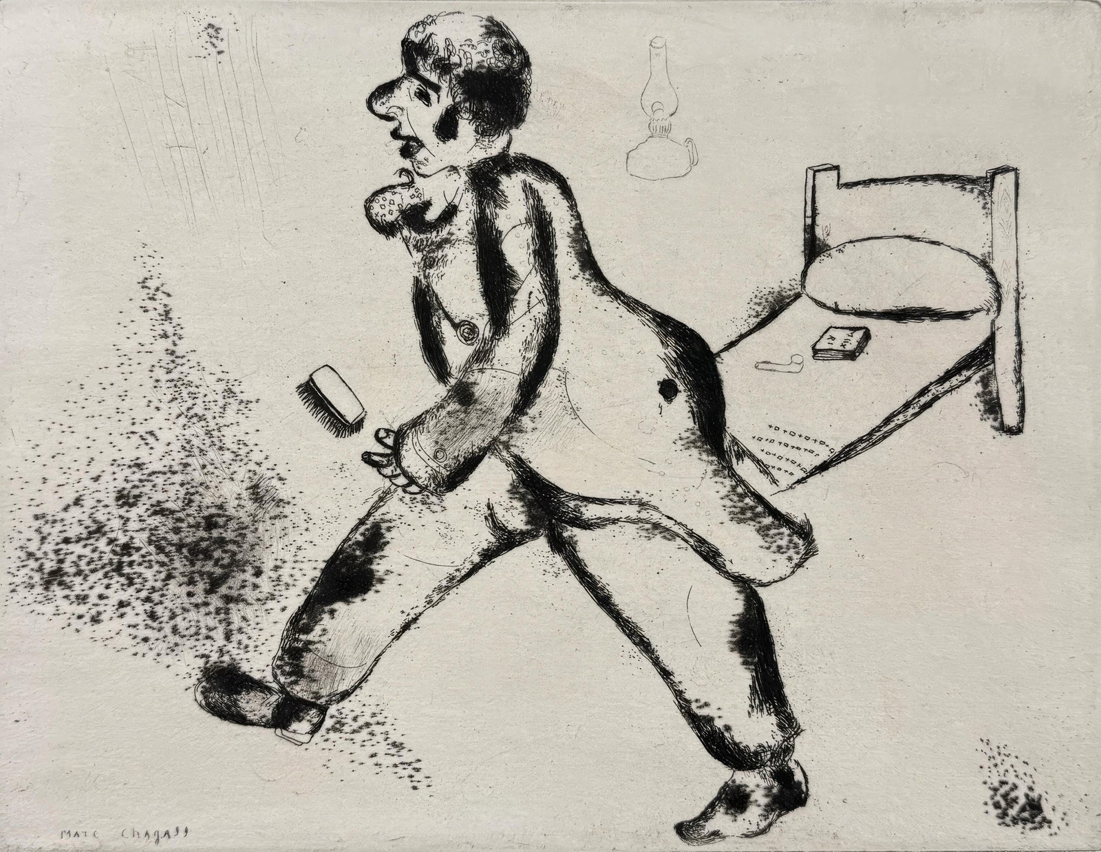 Marc Chagall, Petrushka, from Dead Souls, Limited Edition Etching, 1923-1927: This exquisite etching by Marc Chagall (1887-1985), titled Petruchka (Petrushka), originates from the celebrated folio Nicolas Gogol, Les Ames mortes, Eaux-fortes originales de Marc Chagall (Nicolas G