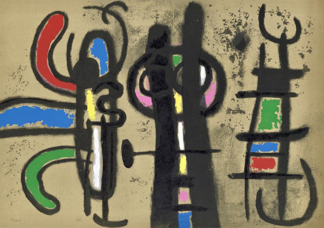 Joan Miro, Composition (Cramer 103; Mourlot 382-383), Miro Cartones 1956-1965, Limited Edition: Lithograph and stencil on velin paper. Paper size: 8.625 x 12.25 inches. Excellent condition. Inscription: Unsigned and unnumbered, as issued. Notes: From the album, Miro: Cartones, 1959-1965, October