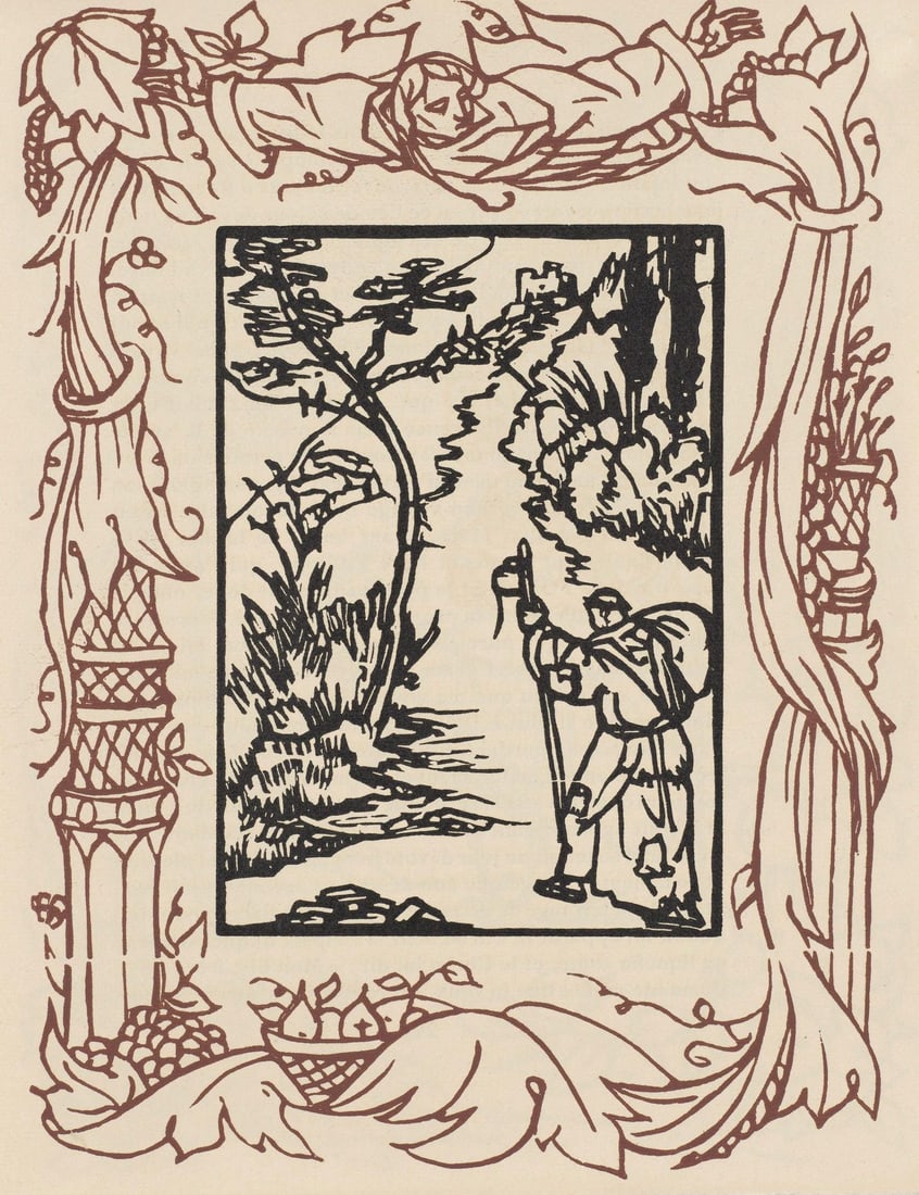 Emile Bernard, Composition (Morane, No. 100), Les Petites Fleurs de St. Francoise, Limited Edition: Wood engraving on verge d'Arches paper. Paper size: 12.8125 x 9.8125 inches. Excellent condition. Unsigned and unnumbered, as issued. Notes: From the volume, Les Petites Fleurs de St. Francois, 1928.