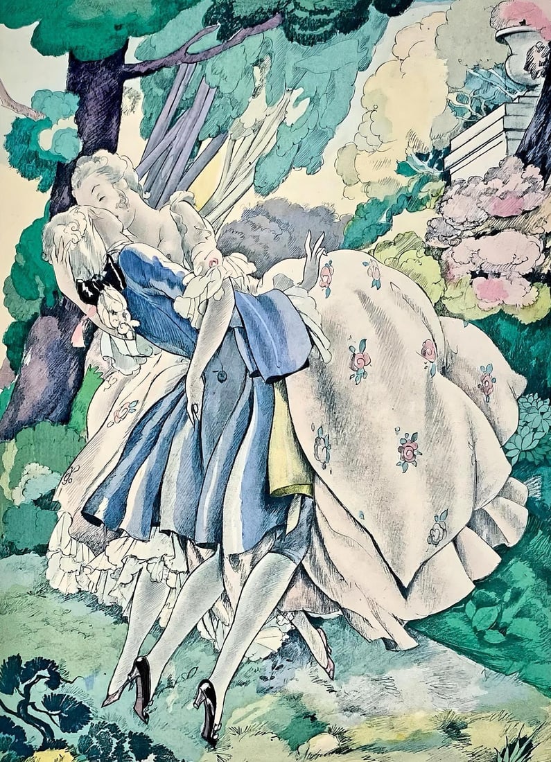 Umberto Brunelleschi, Composition, La Lecon d'amour dans un parc, Limited Edition Lithograph: Lithograph and stencil on velin d'Arches paper. Paper size: 13.11 x 10.039 inches. Excellent condition. Unsigned and unnumbered, as issued. Notes: From the volume, La Lecon d'amour dans un parc, 1933.