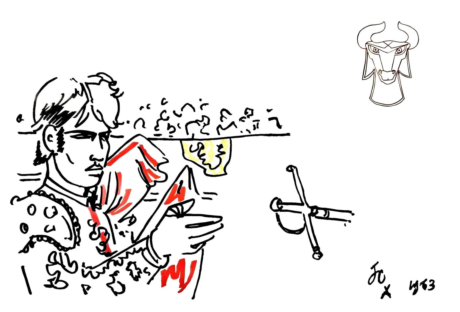 Jean Cocteau, L'epee de mort, Taureaux, Lithographies de Jean Cocteau, Limited Edition Lithograph: Lithograph on velin de Rives paper. Paper Size: 15 x 22 inches, with centerfold, as issued. Inscription: Signed in the plate and unnumbered, as issued. Condition: Very good/excellent, consistent with