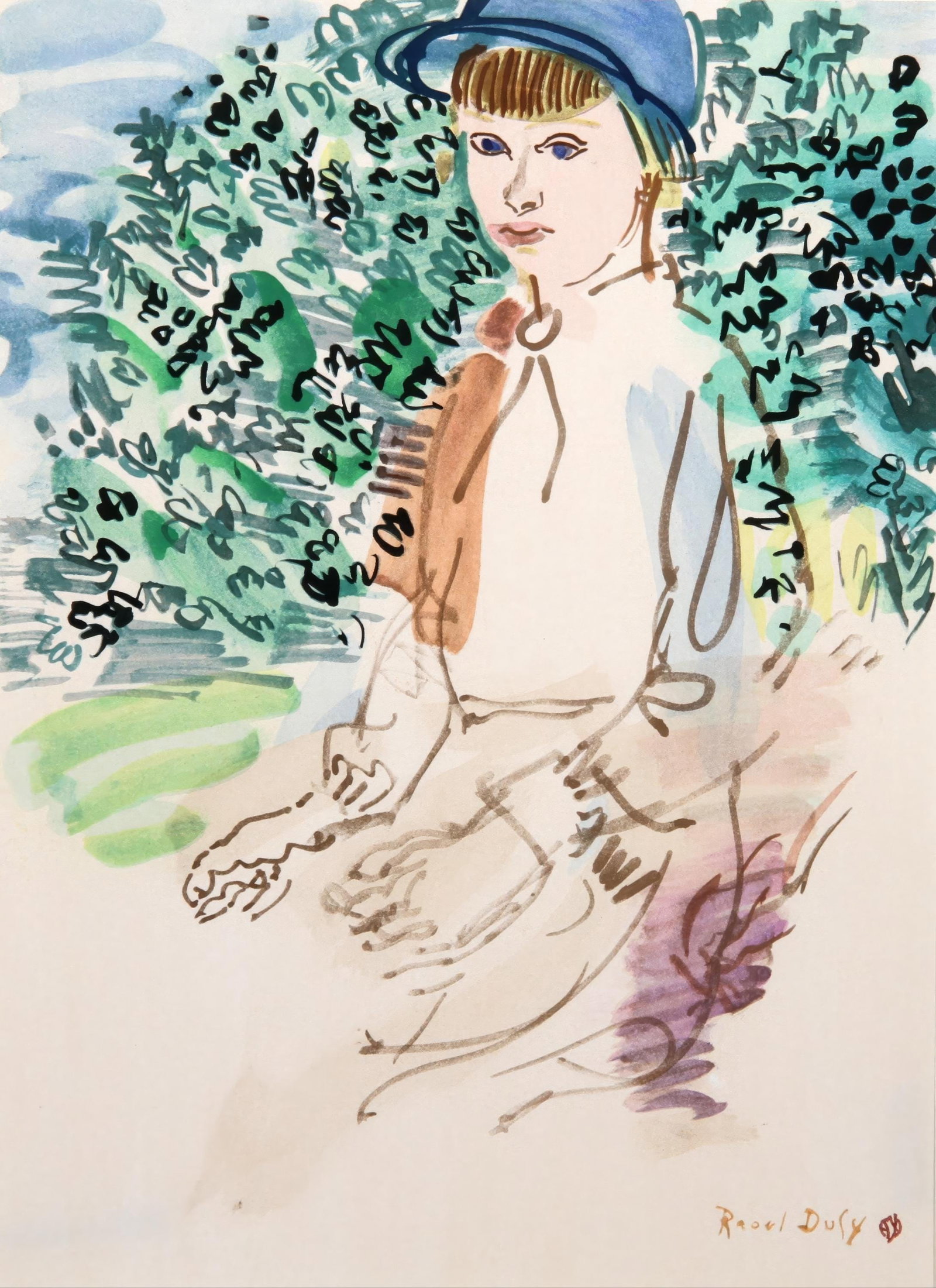 Raoul Dufy, Portrait of Mademoiselle Kessler, Limited Edition Lithograph and Pochoir, 1968: This exquisite lithograph and pochoir after Raoul Dufy (1877-1953), titled Portrait de Mademoiselle Kessler (Portrait of Mademoiselle Kessler), originates from the 1968 folio Visages d Enfants. Quinze