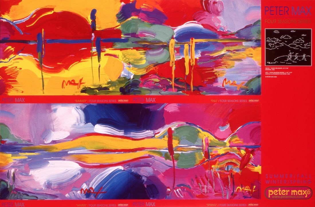 Peter Max, Four Seasons Series, 2000, Hand Signed, Official Edition Offset Lithograph: Offset lithograph in colors on gloss archival paper. Paper size: 24 x 36 inches. Inscription: Hand signed by Peter Max in ink and unnumbered, as issued. Condition: Excellent. Notes: Published and prin