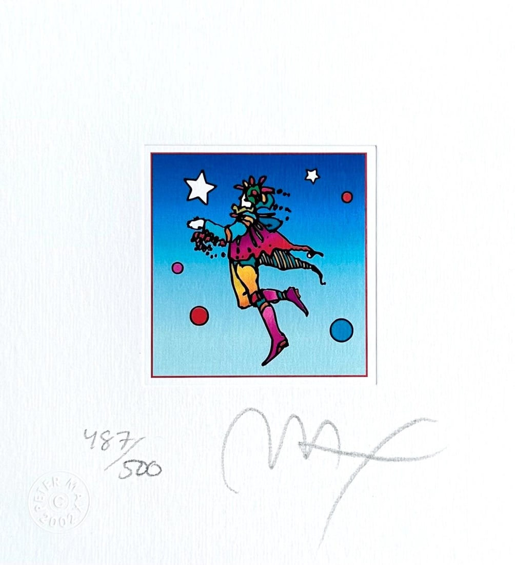 Peter Max, Star Catcher on Blue, Hand Signed, Official Limited Edition Lithograph: Lithograph in colors on Lustro Saxony paper. Paper size: 4.87 x 4.5 inches. Inscription: Hand signed by Peter Max and numbered, as issued. Condition: Excellent. Notes: Published and printed by Via Max