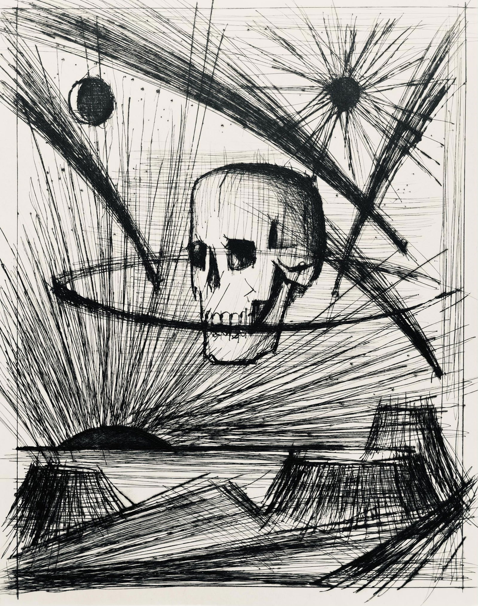 Bernard Buffet, Composition (Reinz 208-222), Voyages Fantastiques, Limited Edition Etching: Drypoint etching on papier de Rives B.F.K. pur fil paper. Paper size: 16.125 x 12.875 inches. Excellent condition. Unsigned and unnumbered, as issued. Notes: From the folio, Voyages fantastiques aux E