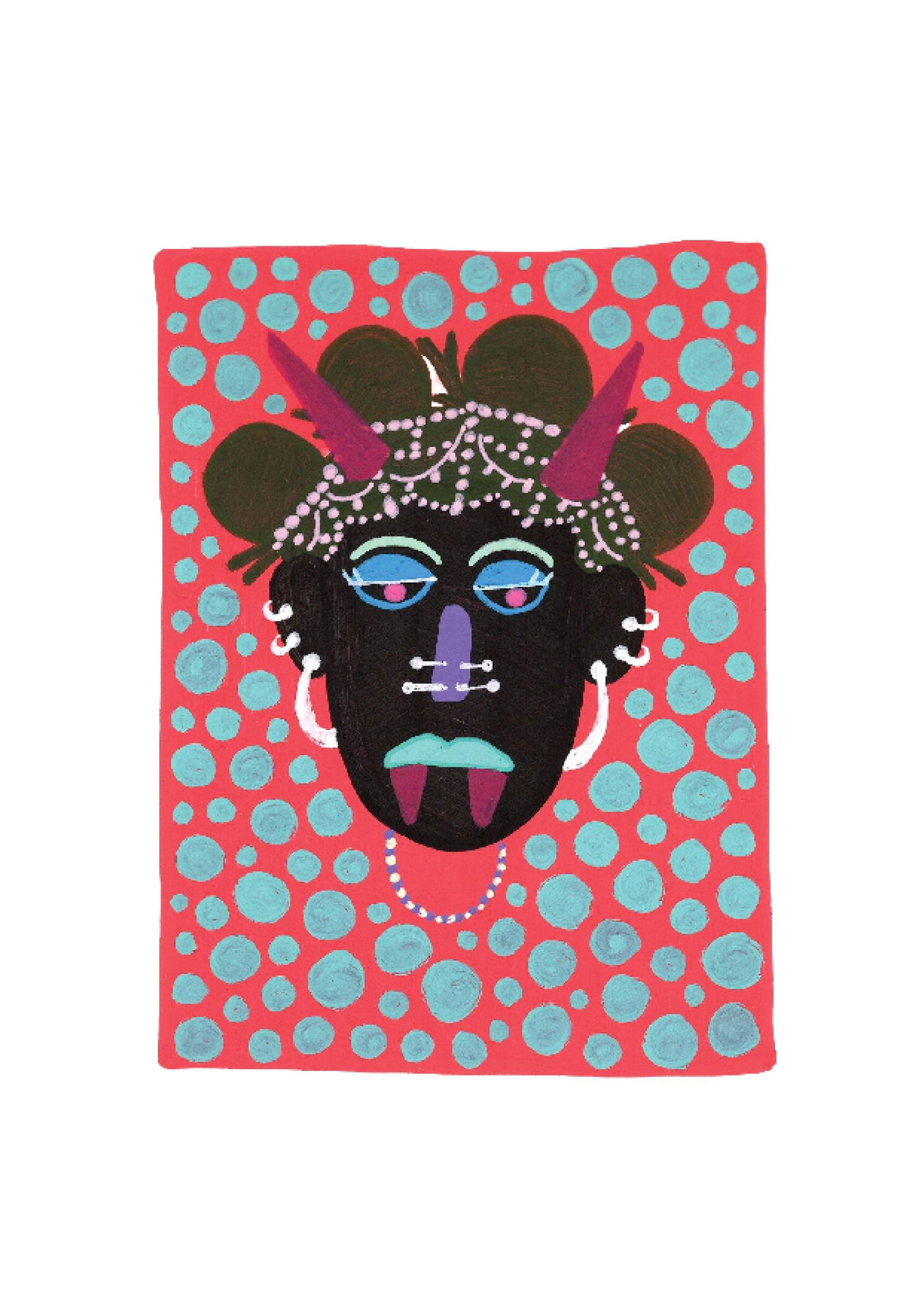 Evil Eye Mask 23: Inspired by the South Indian Drishti Bommai mask; a protective talisman traditionally represented as a doll; this artwork draws from a visual language widely seen across South India. These figures are