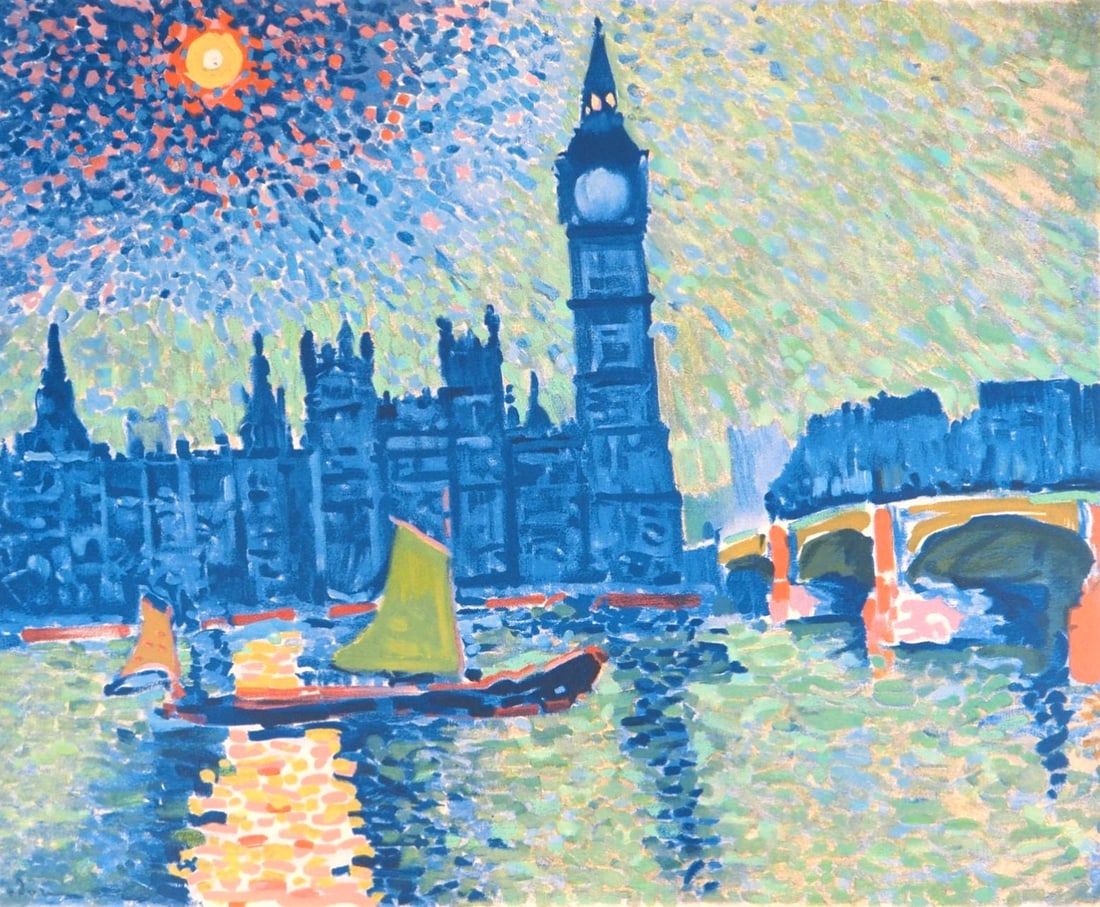 Andre Derain, Londres, La Tamise et Big Ben, Fauves, Collection Pierre Levy, Limited Edition: Lithograph on velin d'Arches paper. Inscription: Unsigned and unnumbered. Paper Size: 20 x 26 inches. Excellent condition. Notes: From the folio, Fauves, VII, Collection Pierre Levy, 1972; published b