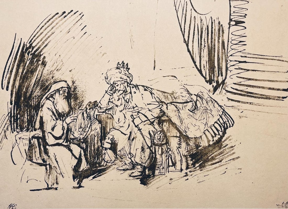 Rembrandt van Rijn, Nathan Reprimanding David, Limited Edition Collotype: Collotype on Hamilton Kilmory paper. Unsigned and unnumbered, as issued. Paper Size: 9.5 x 12.5 inches. Excellent condition. Notes: From the folio, Rembrandt, Drawings from the Bible, Thirty-two Collo