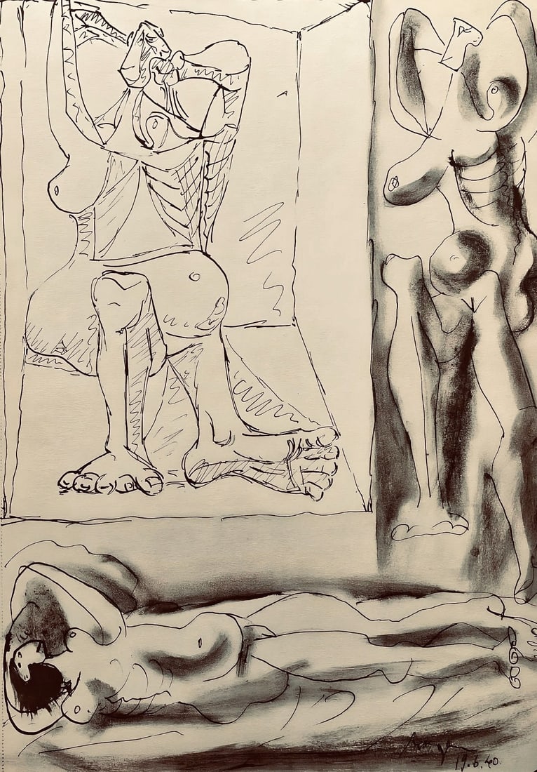 Pablo Picasso, Composition, Carnet de dessins de Picasso, Cahiers d'Art, Limited Edition Lithograph: Lithograph on velin paper. Inscription: Unsigned and unnumbered. Paper Size: 16.54 x 11.81 inches. Excellent condition. Notes: From the volume, Carnet de dessins de Picasso: reproduits au format de