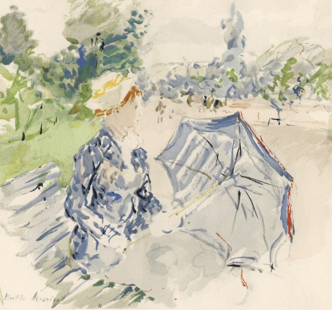 Berthe Morisot, Jeune femme assise avenue du Bois de Boulogne, Berthe Morisot Seize Aquarelles,: Lithograph and stencil on velin du Marais paper. Paper Size: 15 x 11 inches. Excellent condition. Inscription: Unsigned and unnumbered, as issued. Notes: From the folio, Berthe Morisot Seize Aquarelle