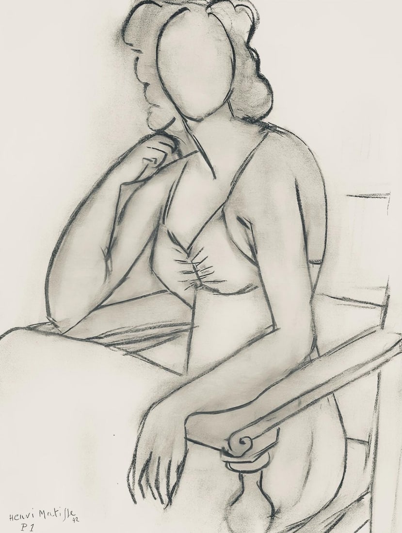 Henri Matisse, Serie P, var. 1 (Duthuit 9), Henri Matisse, Dessins, Themes et variations, Limited: Lithograph on velin pur fil paper. Paper Size: 12.875 x 9.625 inches. Excellent condition. Inscription: Signed in the plate and unnumbered, as issued. Notes: From the folio, Henri Matisse, Dessins, Th