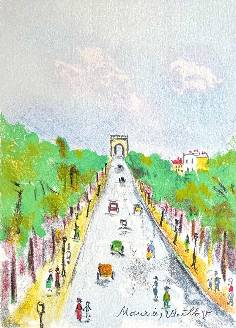 Maurice Utrillo, Arc de triomphe (Champs-Elysees), Paris Capitale, Limited Edition Lithograph: Lithograph on velin Johannot paper. Paper size: 16.93 x 12.99 inches. Excellent condition. Unsigned and unnumbered, as issued. Notes: From the folio, Paris Capitale, 1955. Published by Joseph Foret, E