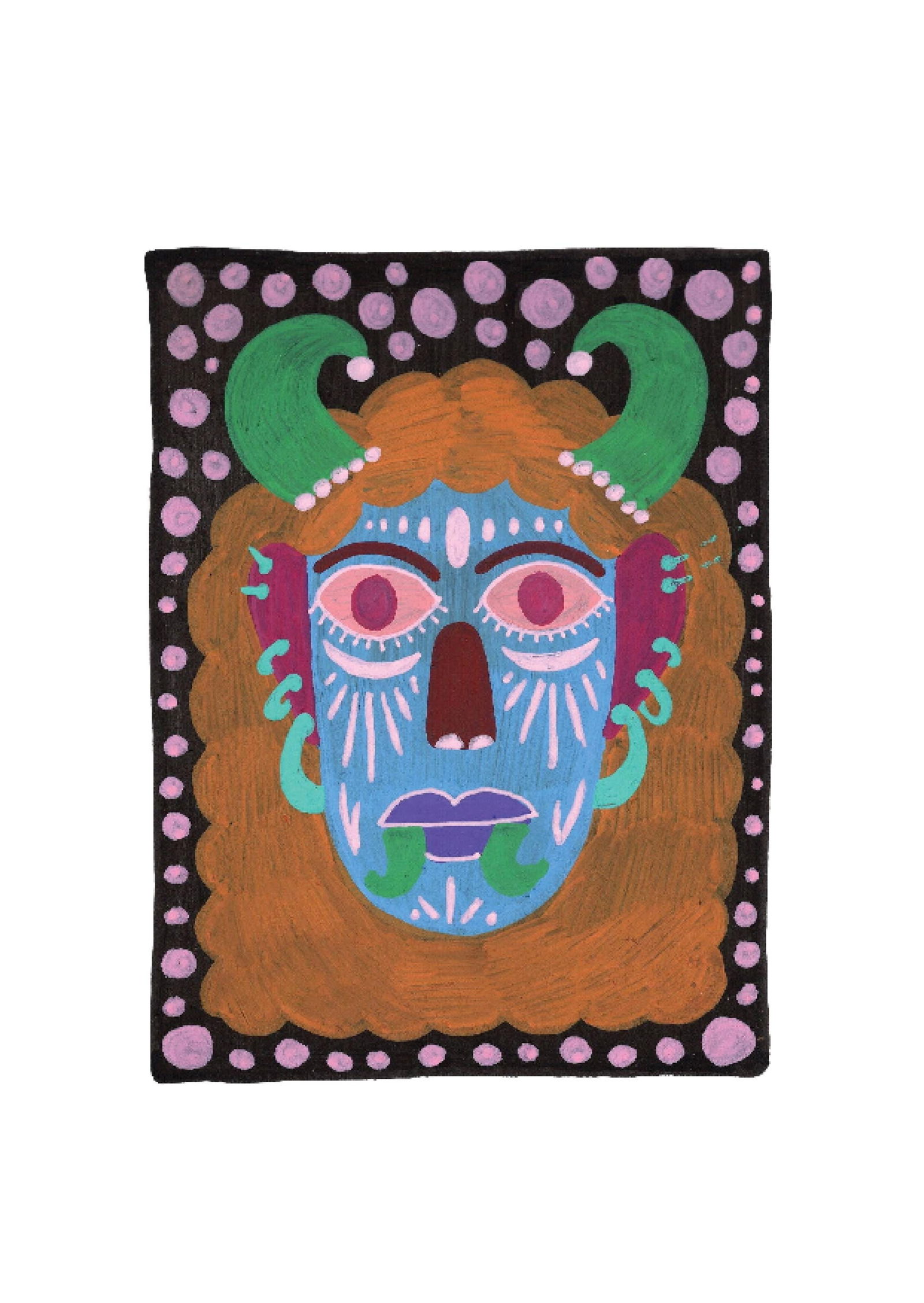 Evil Eye Mask 25: Inspired by the South Indian Drishti Bommai mask; a protective talisman traditionally represented as a doll; this artwork draws from a visual language widely seen across South India. These figures
