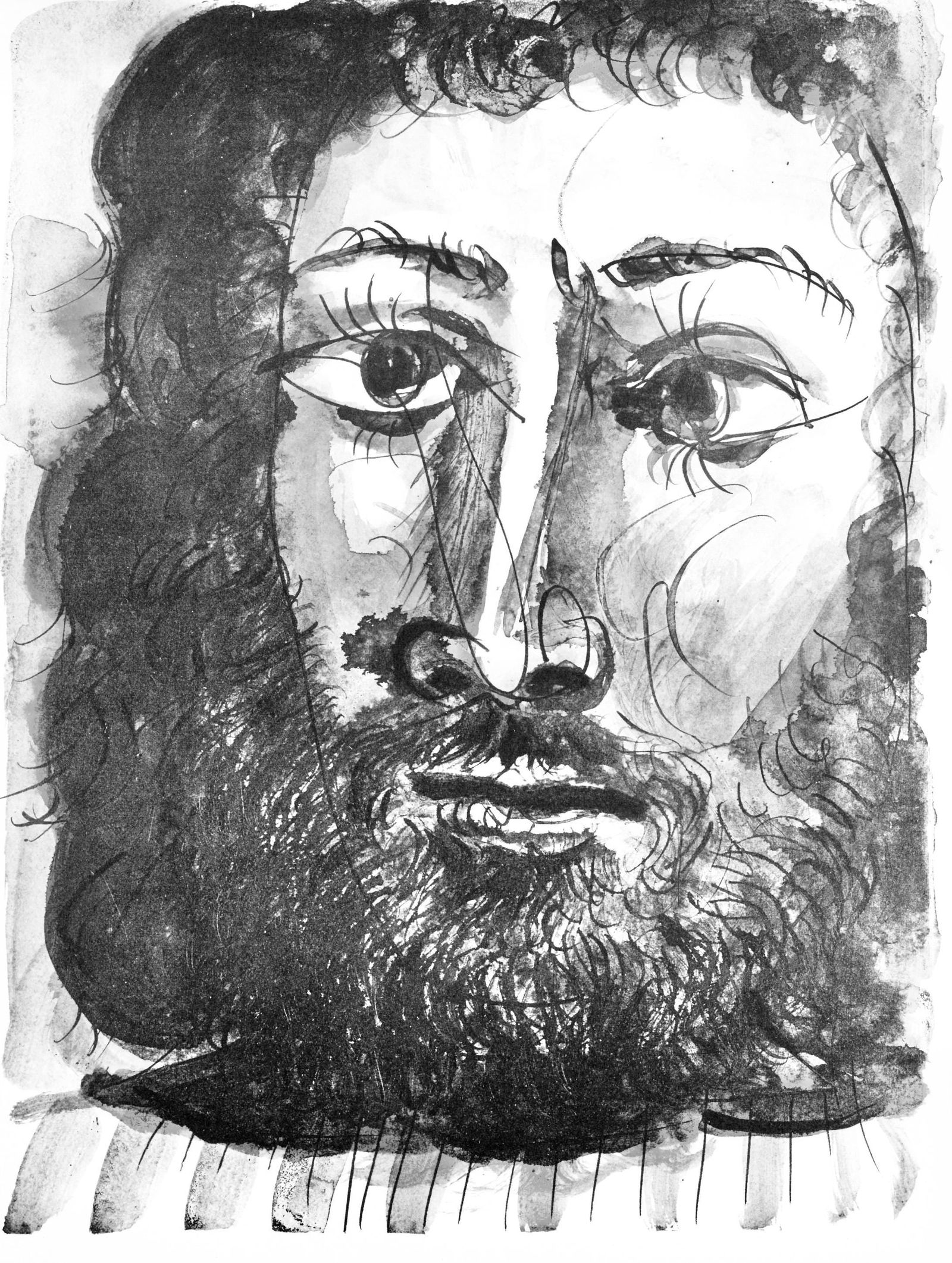 Pablo Picasso, Visage d'homme barbu a epaisse chevelure, trait et lavis (Cramer 84; Johnson/Stein (1 of 4)