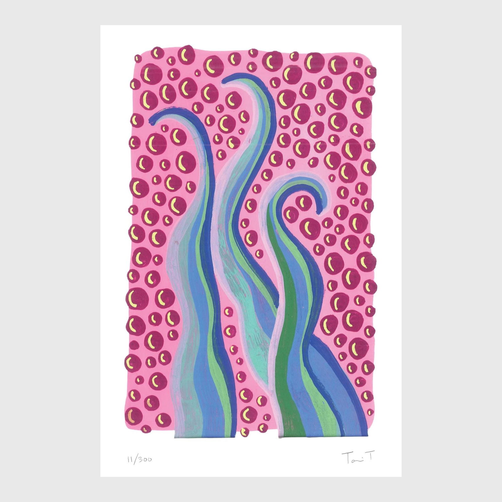 Multicolor Drops with Magenta Dots: Artist: Tanvi Thakur (1996) Title: Multicolor Drops with Magenta Dots, Drops With Dots Series Year: 2025 Medium: Archival Pigment Print on Paper Edition: 300 Size: 8 x 12 inches Inscription: Signed an