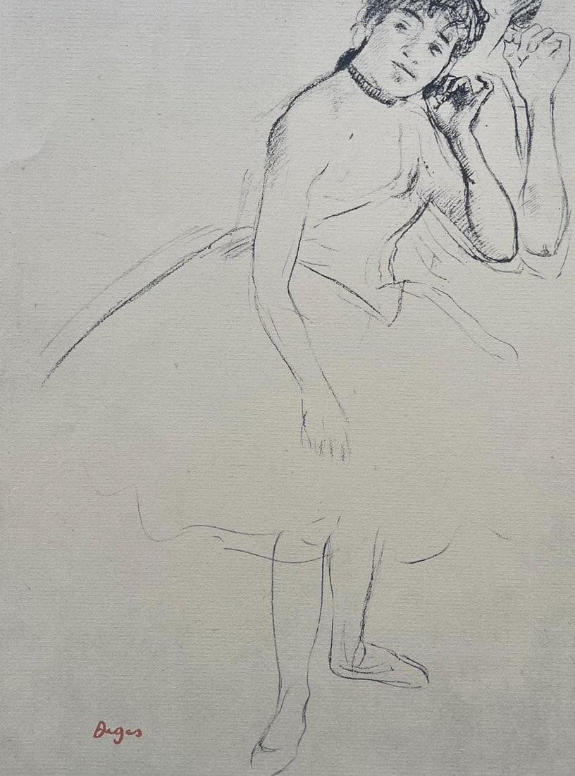 Edgar Degas, Dancer touching her earring, Ten Ballet Sketches, Limited Edition Lithograph: Lithograph and stencil on velin paper. Inscription: Unsigned and unnumbered, as issued. Paper Size: 17 x 13 inches. Excellent condition. Notes: From the folio, Degas, A Portfolio Of 10 Reproductions,