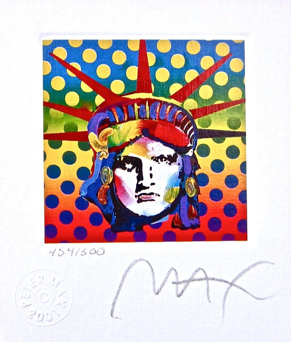 Peter Max, Liberty Head V, Hand Signed, Official Limited Edition Lithograph: Lithograph in colors on Lustro Saxony paper. Paper size: 3.5 x 3 inches. Inscription: Hand signed by Peter Max and numbered, as issued. Condition: Excellent. Notes: Published and printed by Via Max, I