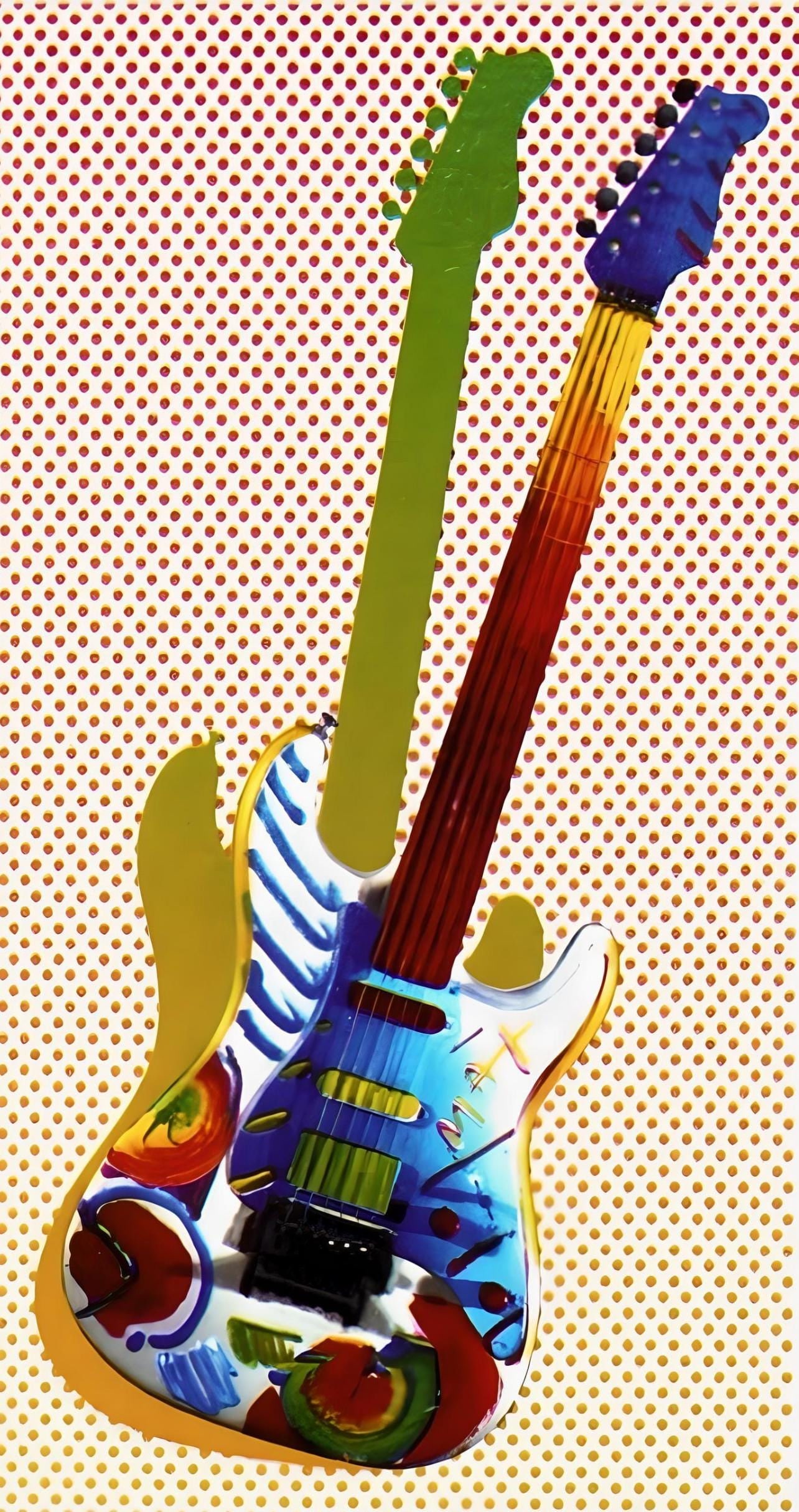 Peter Max, Rock N' Roll Guitar I, Hand Signed, Official Limited Edition Lithograph: Lithograph in colors on Lustro Saxony paper. Paper size: 4.12 x 2.43 inches. Inscription: Hand signed by Peter Max and numbered, as issued. Condition: Excellent. Notes: Published and printed by Via Ma