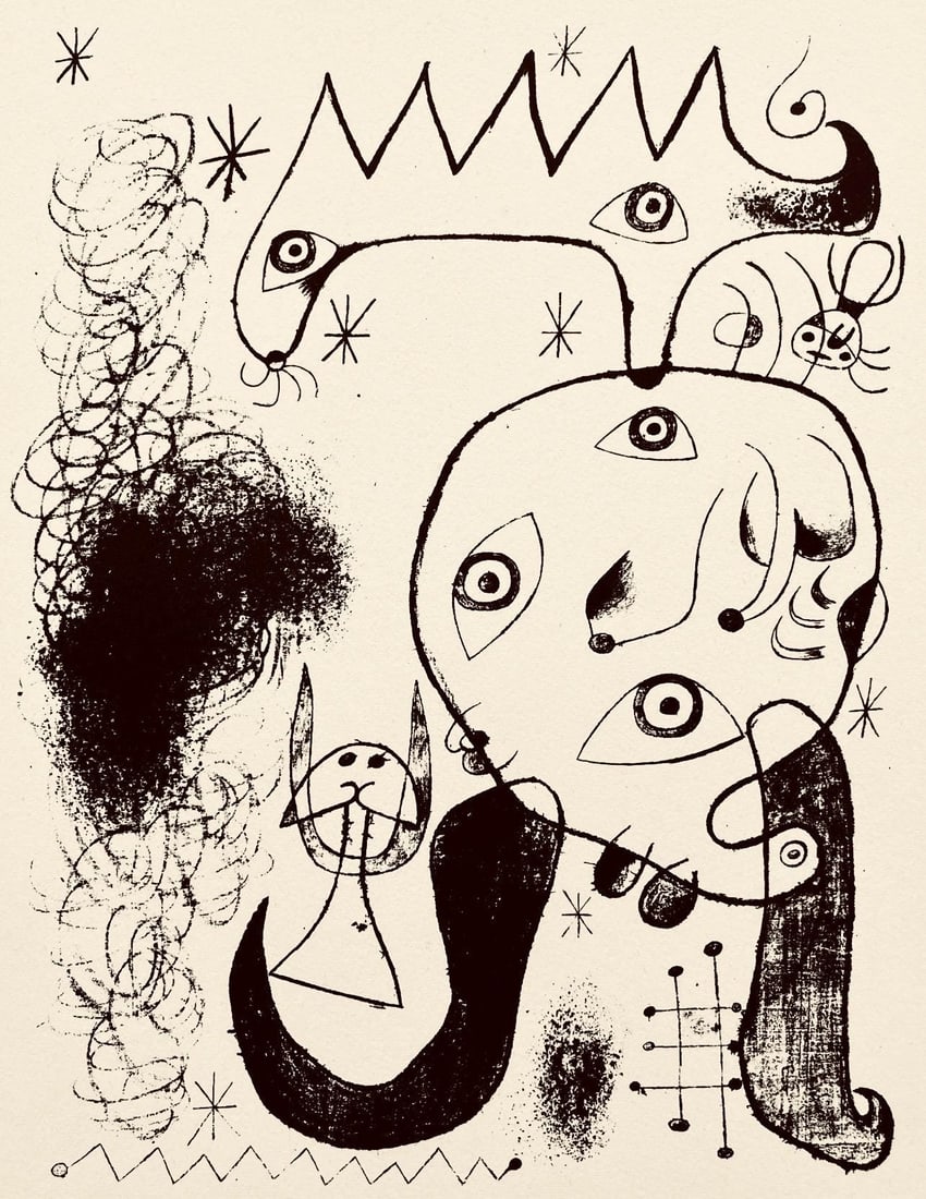 Joan Miro, Composition, The Prints of Joan Miro, Limited Edition Etching: Etching on velin paper. Inscription: Unsigned and unnumbered, as issued. Paper Size: 11 x 8.5 inches. Excellent condition. Notes: From the folio, The Prints of Joan Miro, Fall, 1947. Published by Curt