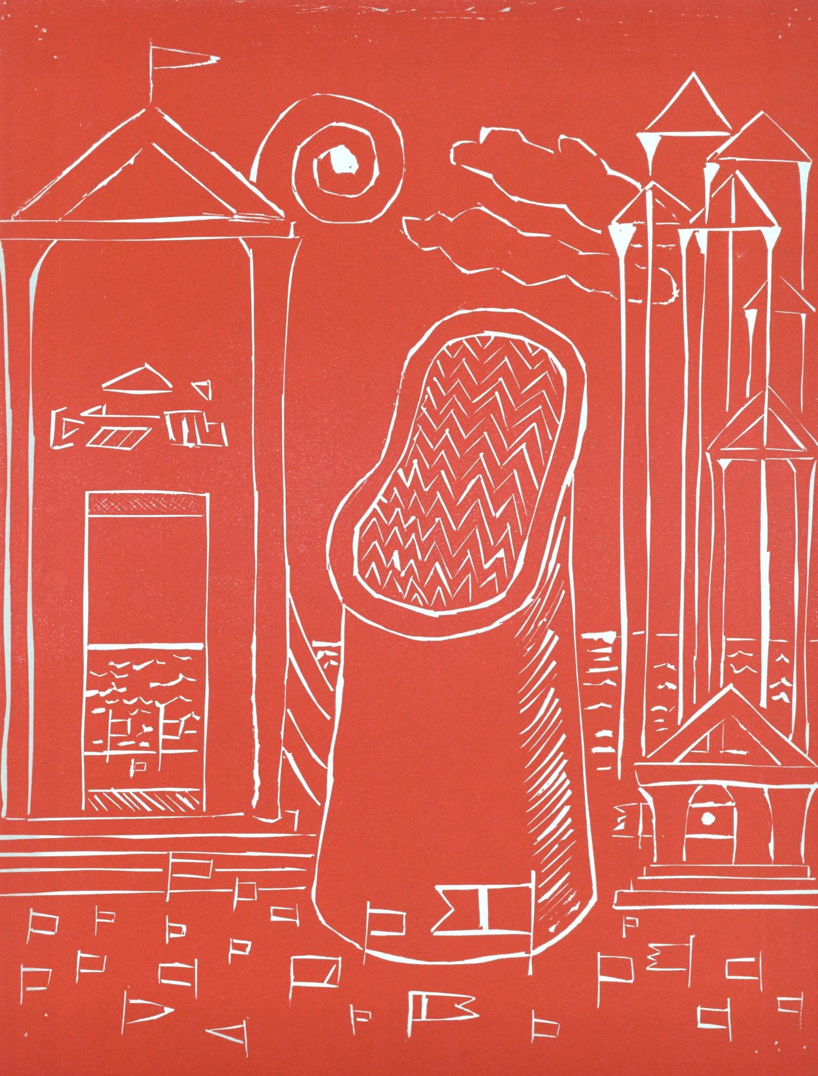 Giorgio De Chirico, Cabina Misteriosa, Societe internationale d'art XXe siecle, Limited Edition: Linocut on velin paper. Paper Size: 12.4 x 9.65 inches. Inscription: Unsigned and unnumbered, as issued. Notes: From the album, XXe siecle, Chroniques du jour, 13 rue Valette (5e), Directeur G. di