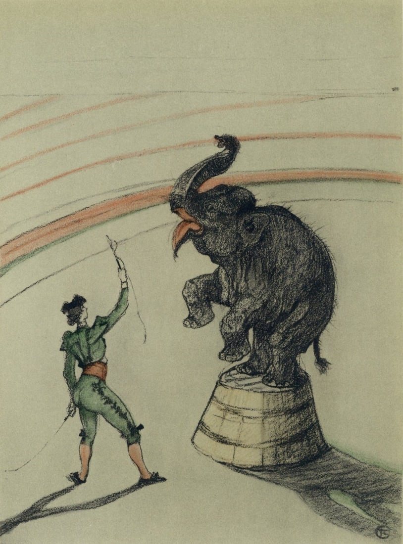 Henri de Toulouse-Lautrec, Elephant en liberte, The Circus by Toulouse-Lautrec, Limited Edition: Lithograph on velin paper. Unsigned and unnumbered. Paper Size: 12.125 x 9.25 inches. Excellent condition. Notes: From the album, The Circus by Toulouse-Lautrec, 1952. Published the Paris Book Center,