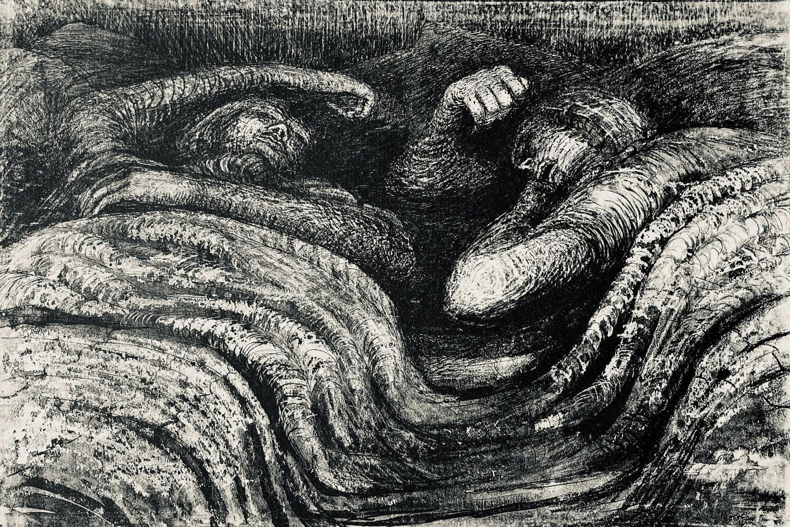 Henry Moore, Two Sleeping Shelterers, The Drawings of Henry Moore, Limited Edition Lithograph: Lithograph on velin paper. Paper size: 12.5 x 13.5 inches. Excellent condition. Unsigned and unnumbered, as issued. Notes: From the folio, The Drawings of Henry Moore, 1946. Published by Curt Valentin