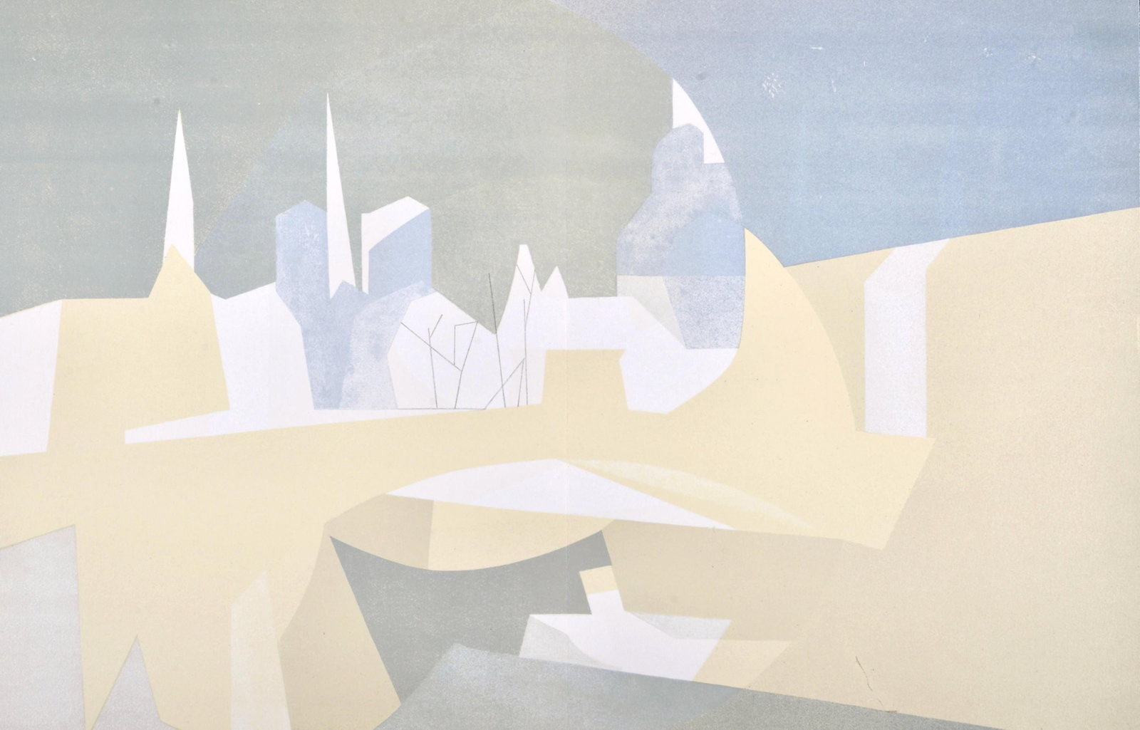 Andre Beaudin, Ville et paquebot, Regards sur Paris, Limited Edition Lithograph: Lithograph on velin d'Arches paper. Paper size: 15.5 x 24 inches. Excellent condition, with centerfold, as issued. Inscription: unsigned and unnumbered, as issued. Notes: from the folio, Regards sur P