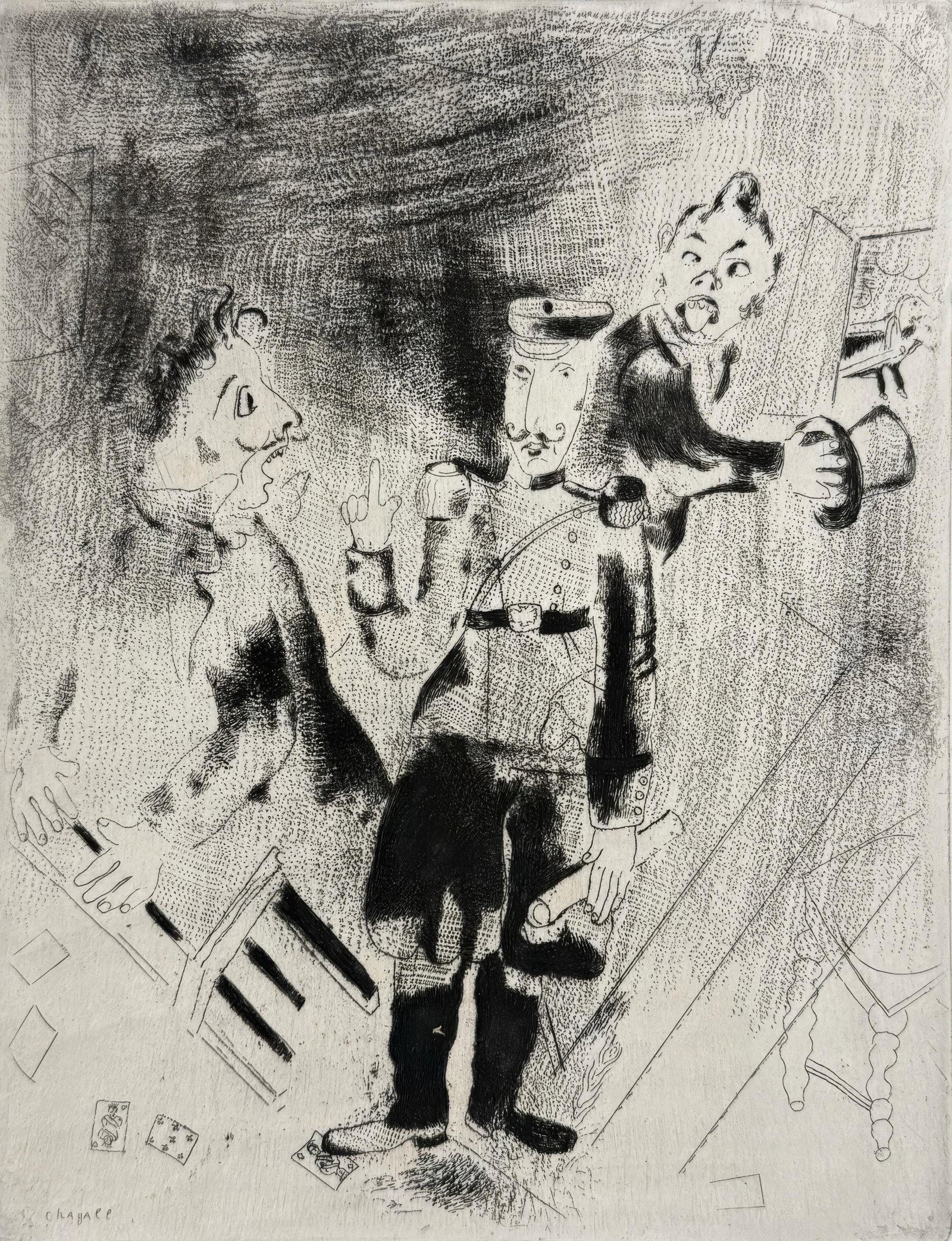 Marc Chagall, The Appearance of the Policemen, from Dead Souls, Limited Edition Etching, 1923-1927: This exquisite etching by Marc Chagall (1887-1985), titled Apparition des policiers (The Appearance of the Policemen), originates from the celebrated folio Nicolas Gogol, Les Ames mortes, Eaux-fortes